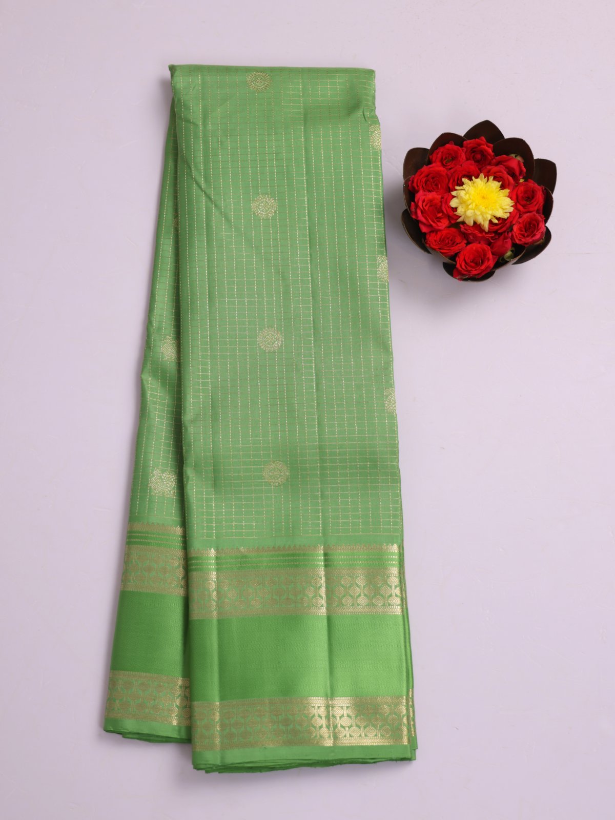 Light Green Zari Checked Kanjeevaram Silk Saree With Zari Border