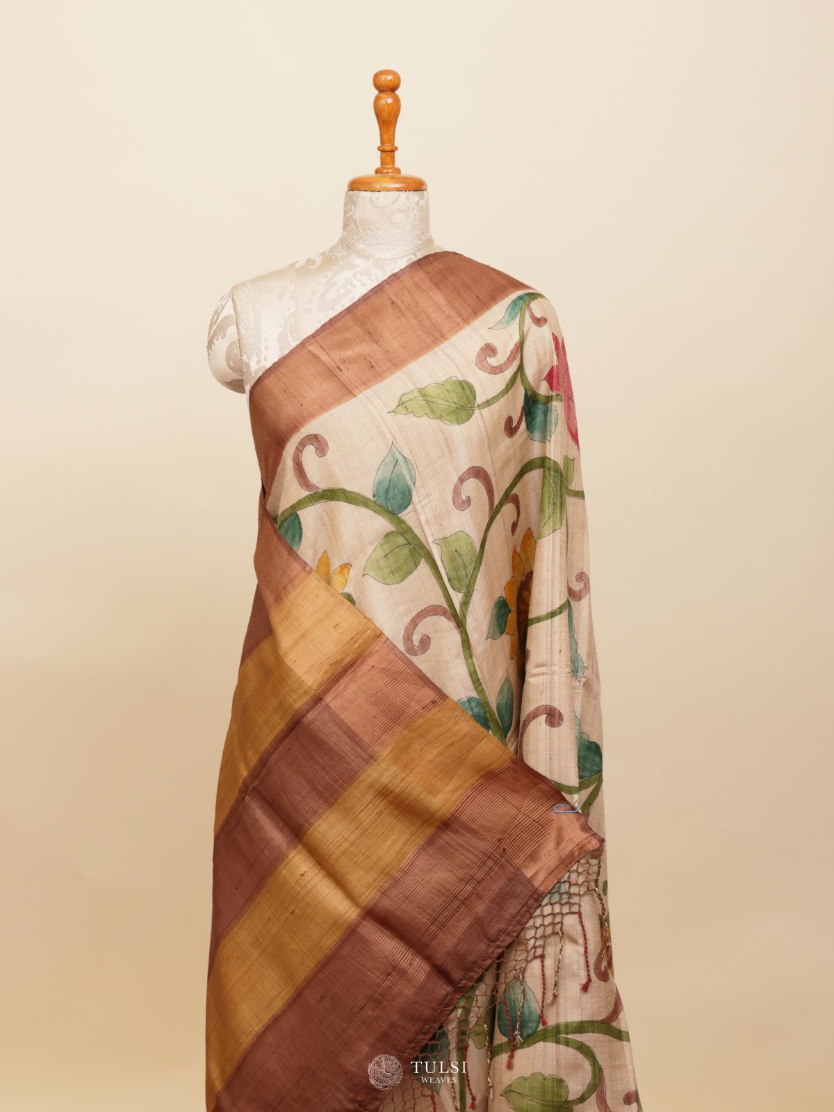 Beige Hand Painted Tussar Silk Saree With Brown Broder