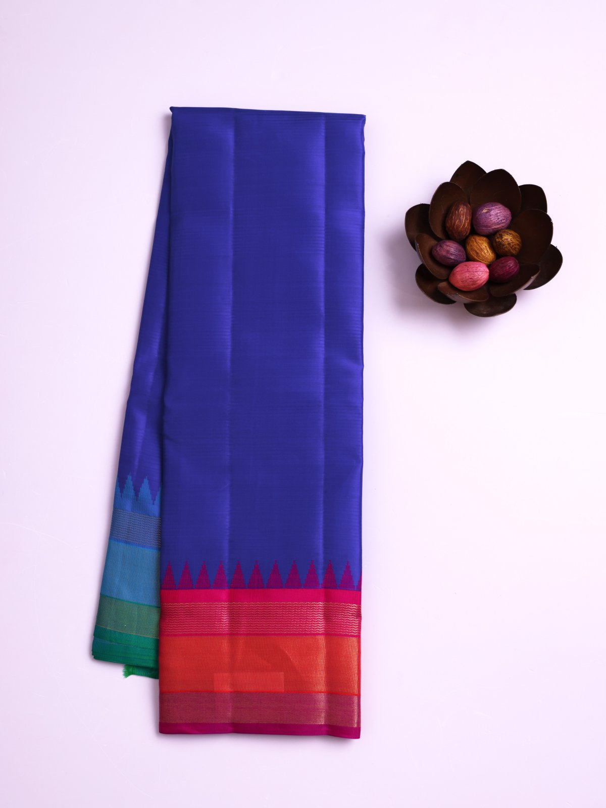 Purplish Blue Soft Silk Saree with Rani Pink and Peacock Blue Ganga Jamuna Border