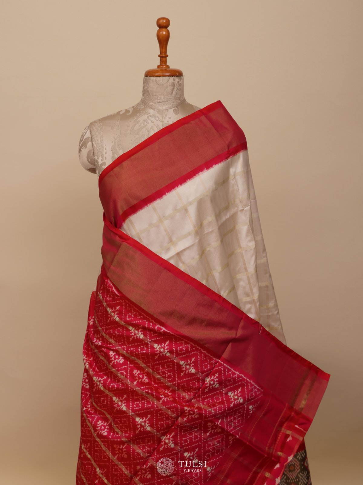 Off White Ikat Silk Saree
