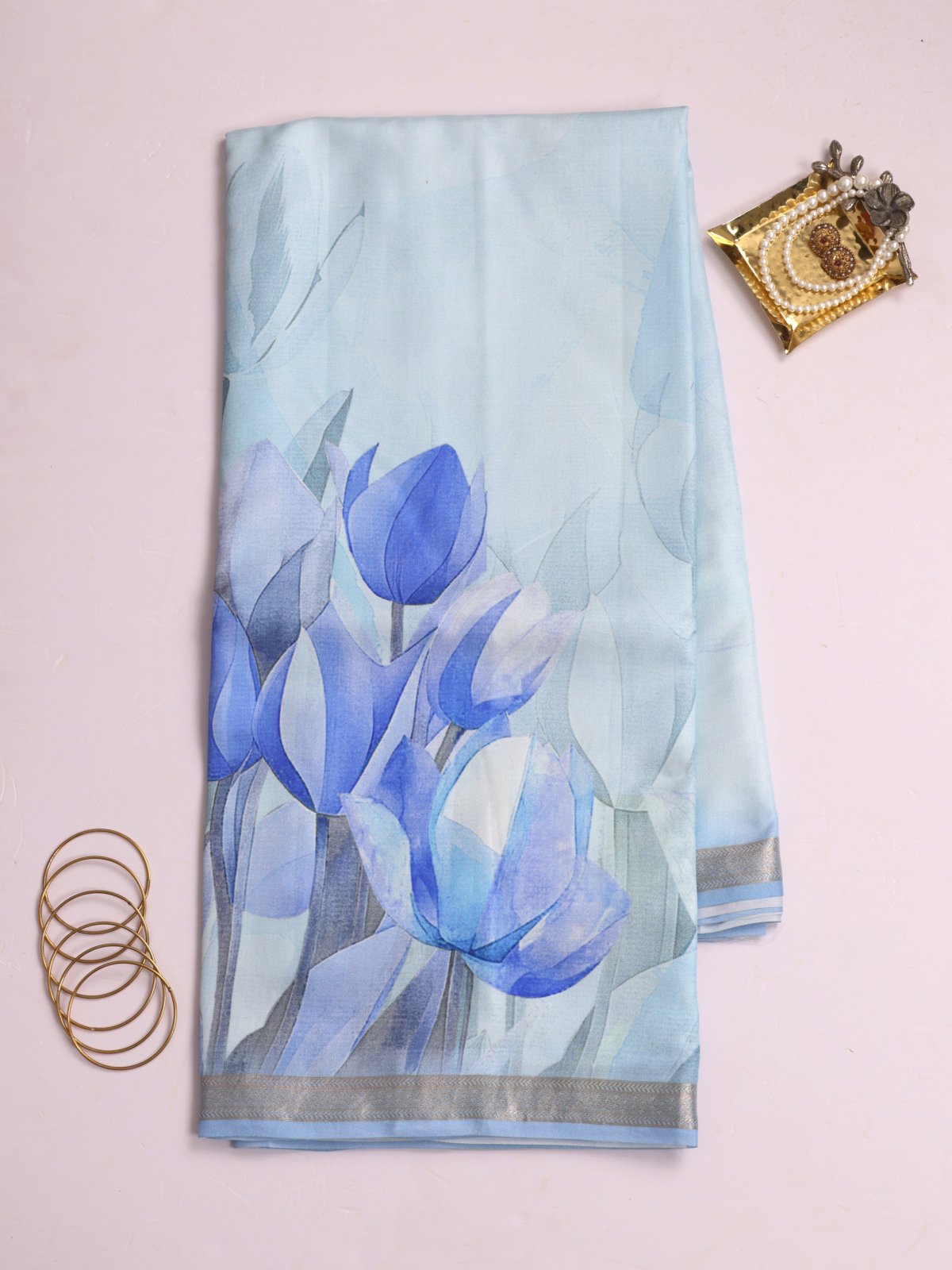 Light Blue Printed Banaras Silk Saree With Zari Border