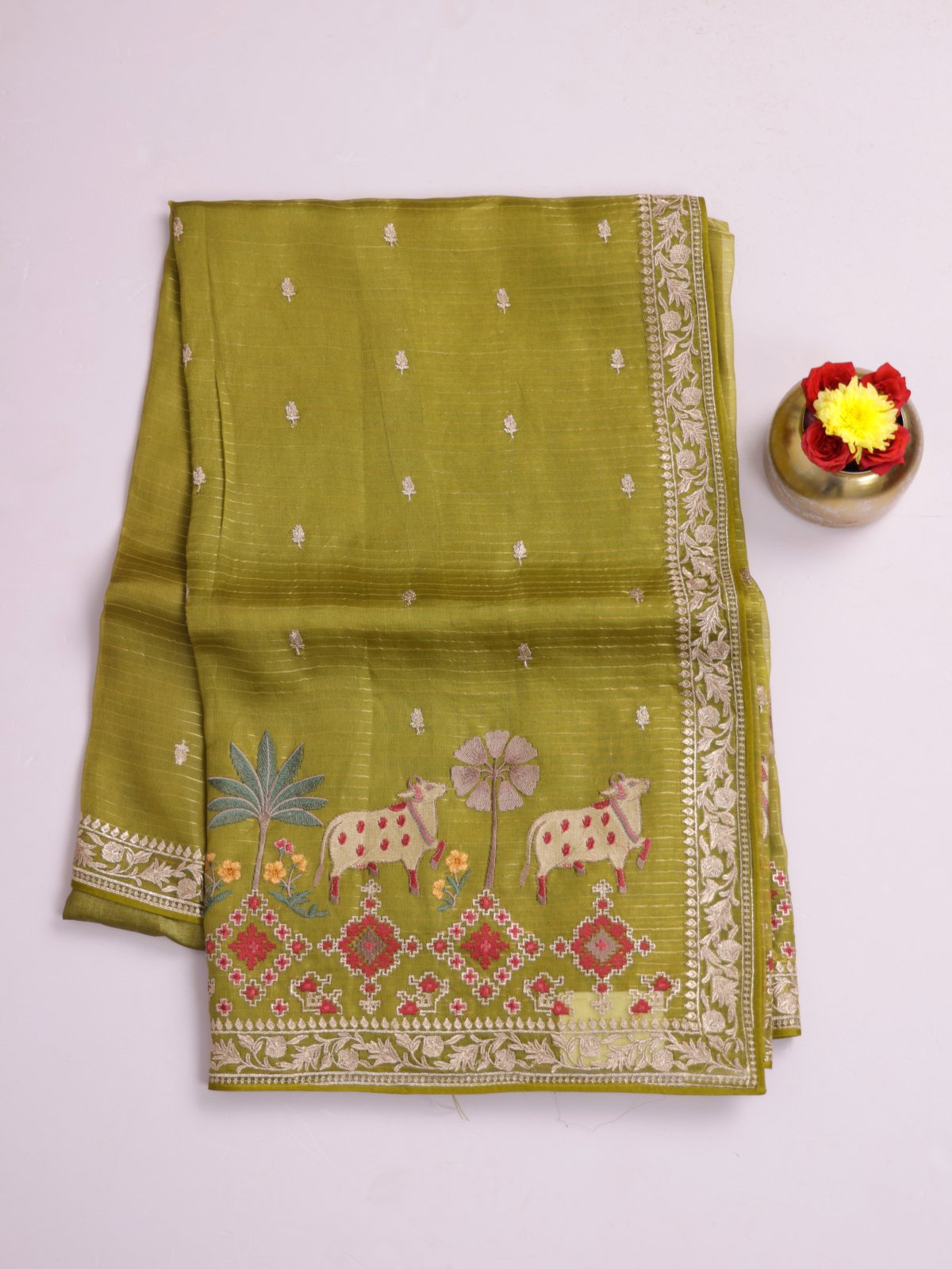 Light Mehndi Green Zari Striped Organza Silk Saree With Embroidered Border