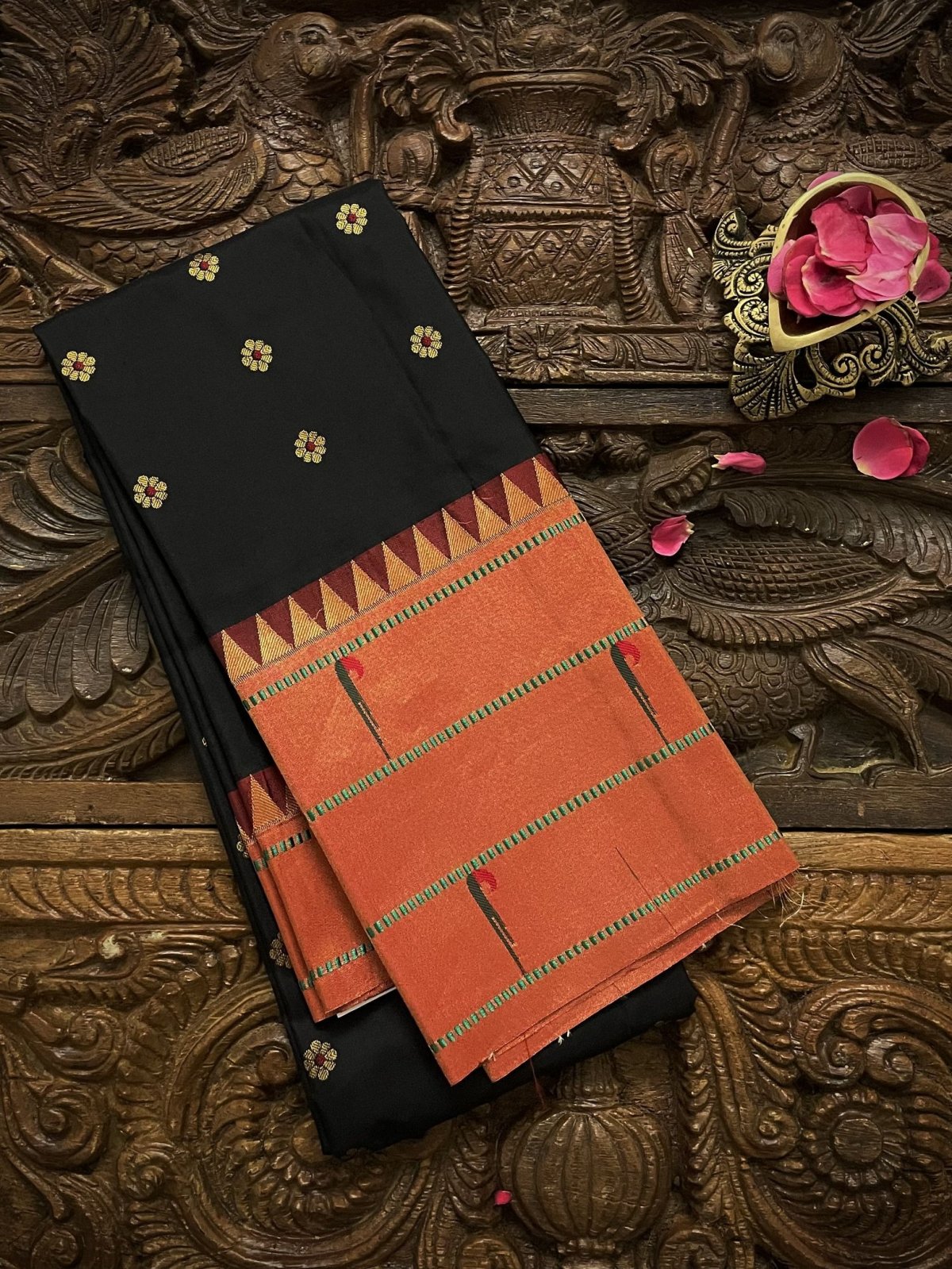 Black Paithani Silk Blouse With Temple Design Border