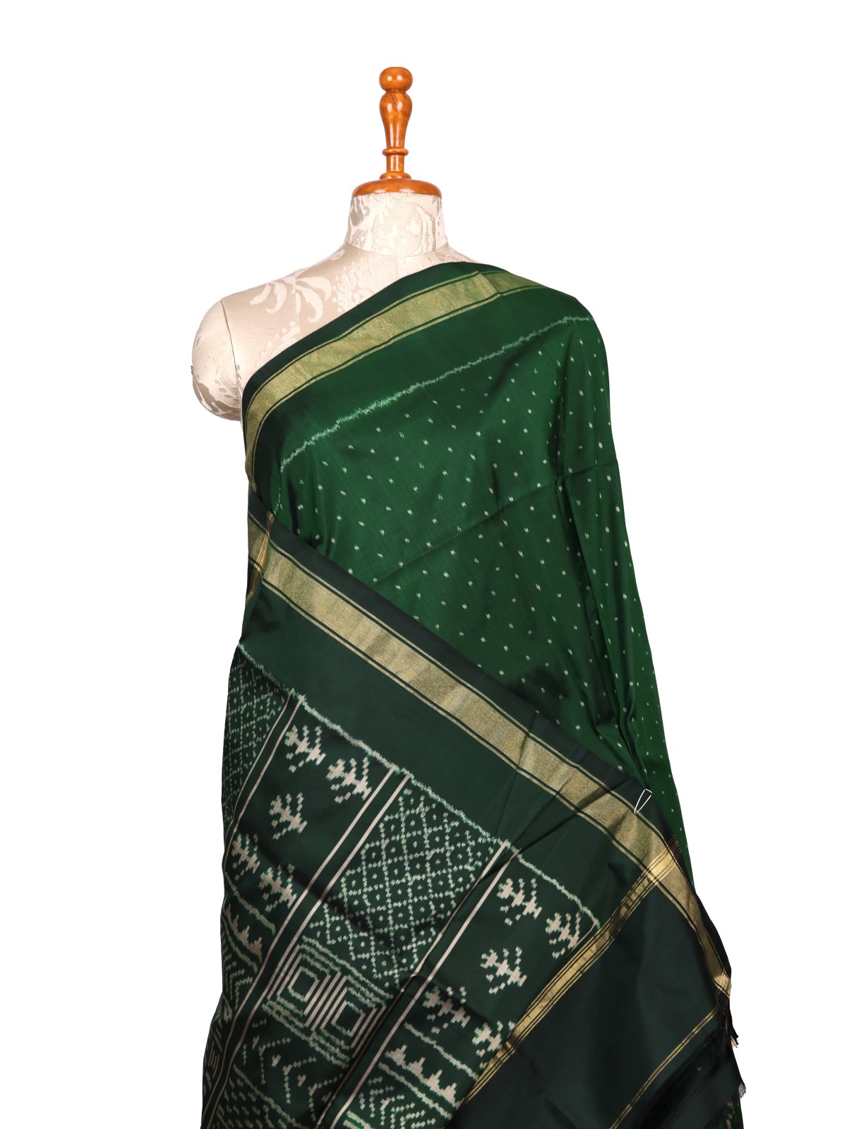 Bottle Green Ikat Silk Saree with Zari Border