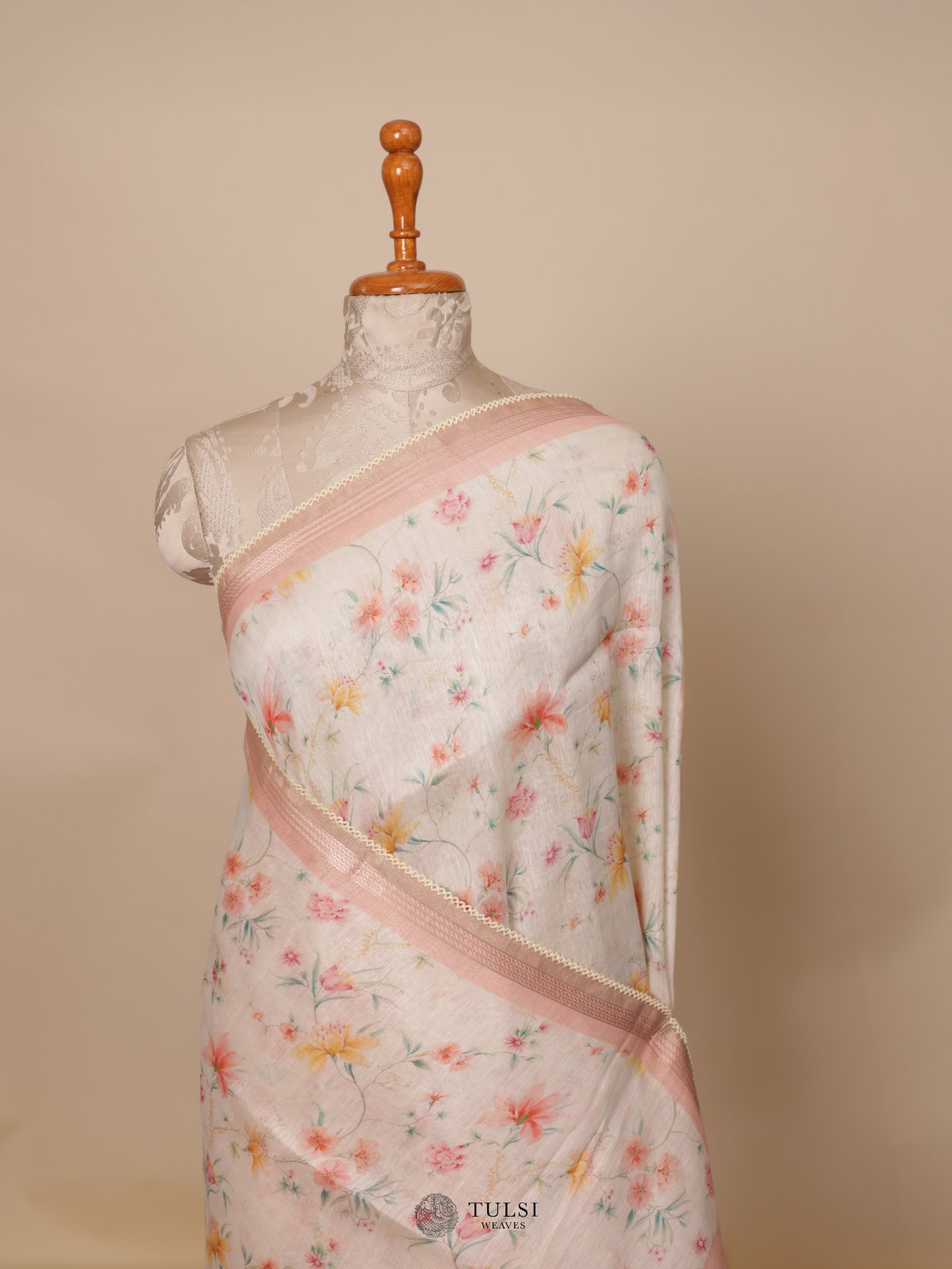 Off-White Printed Linen Saree