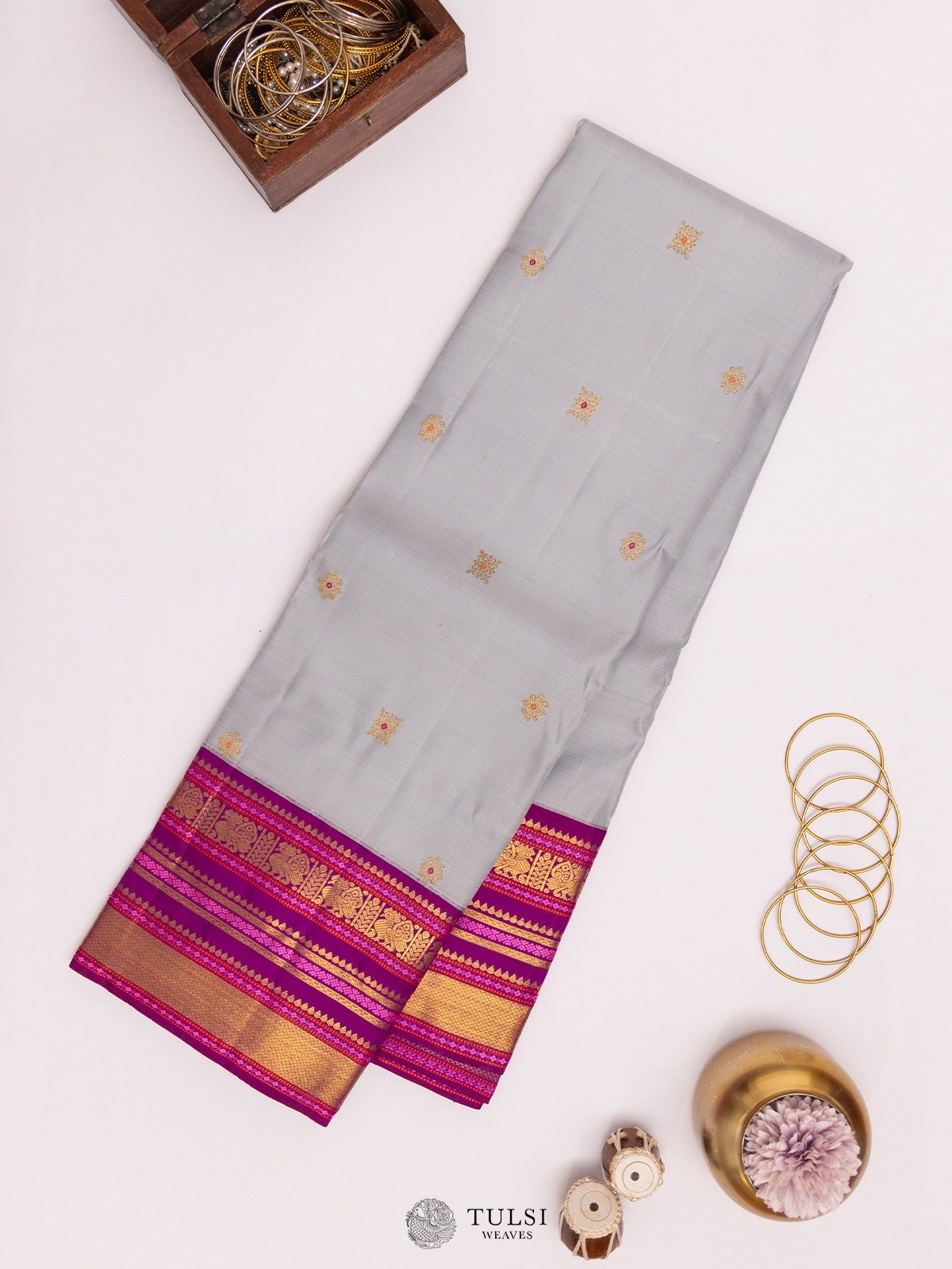 Steel Grey Kanjeevaram Silk Saree with Contrast Border