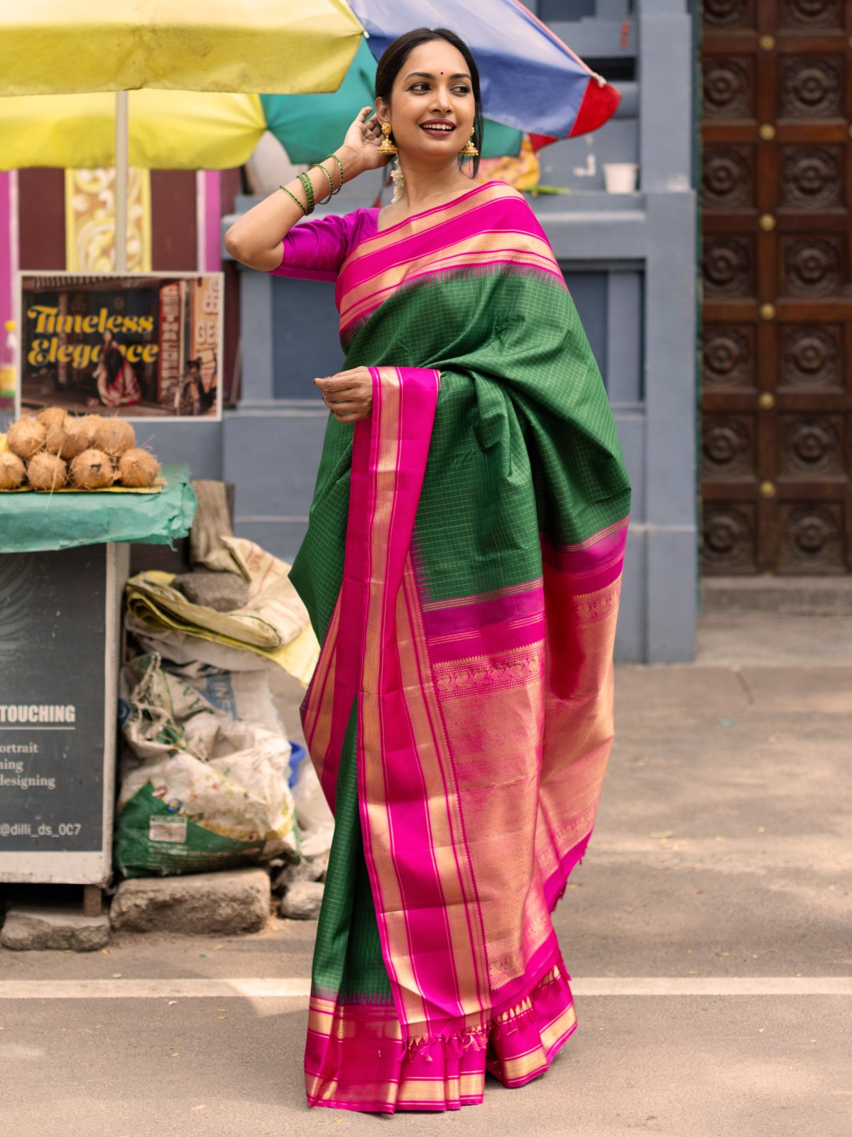 Green Checked Kanjeevaram Silk Saree