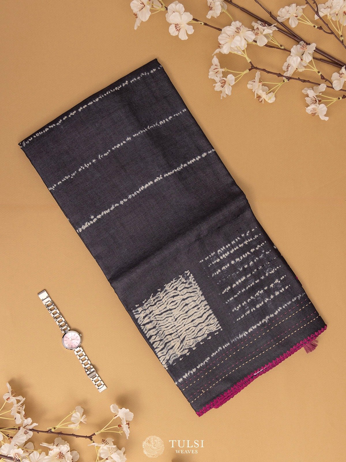 Dark Grey Shibori Silk Saree