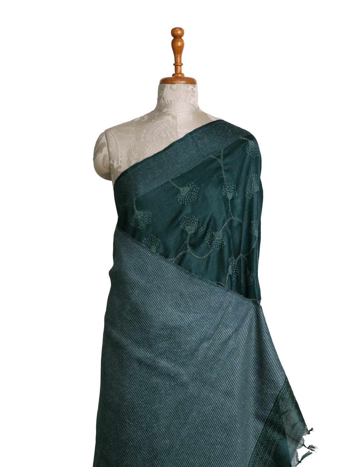 Green Tussar Silk Saree with Kantha Embroidery