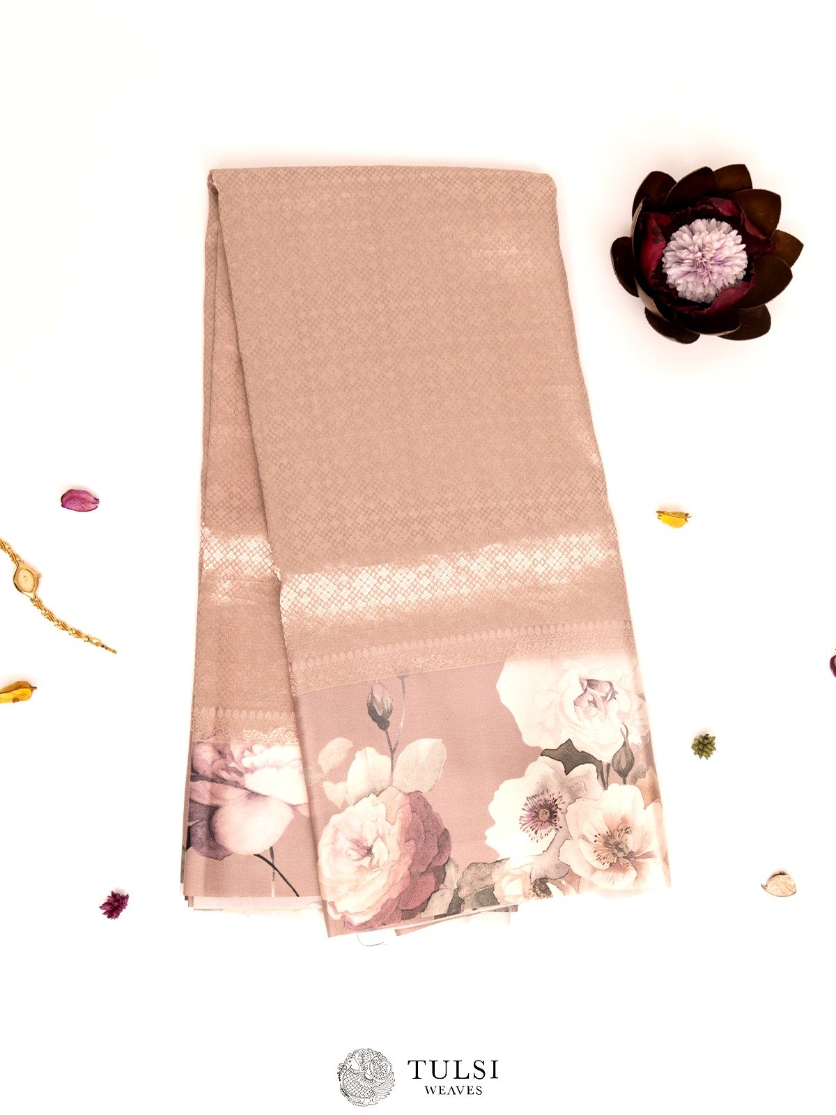 Rosy Brown Printed Banaras Silk Saree 