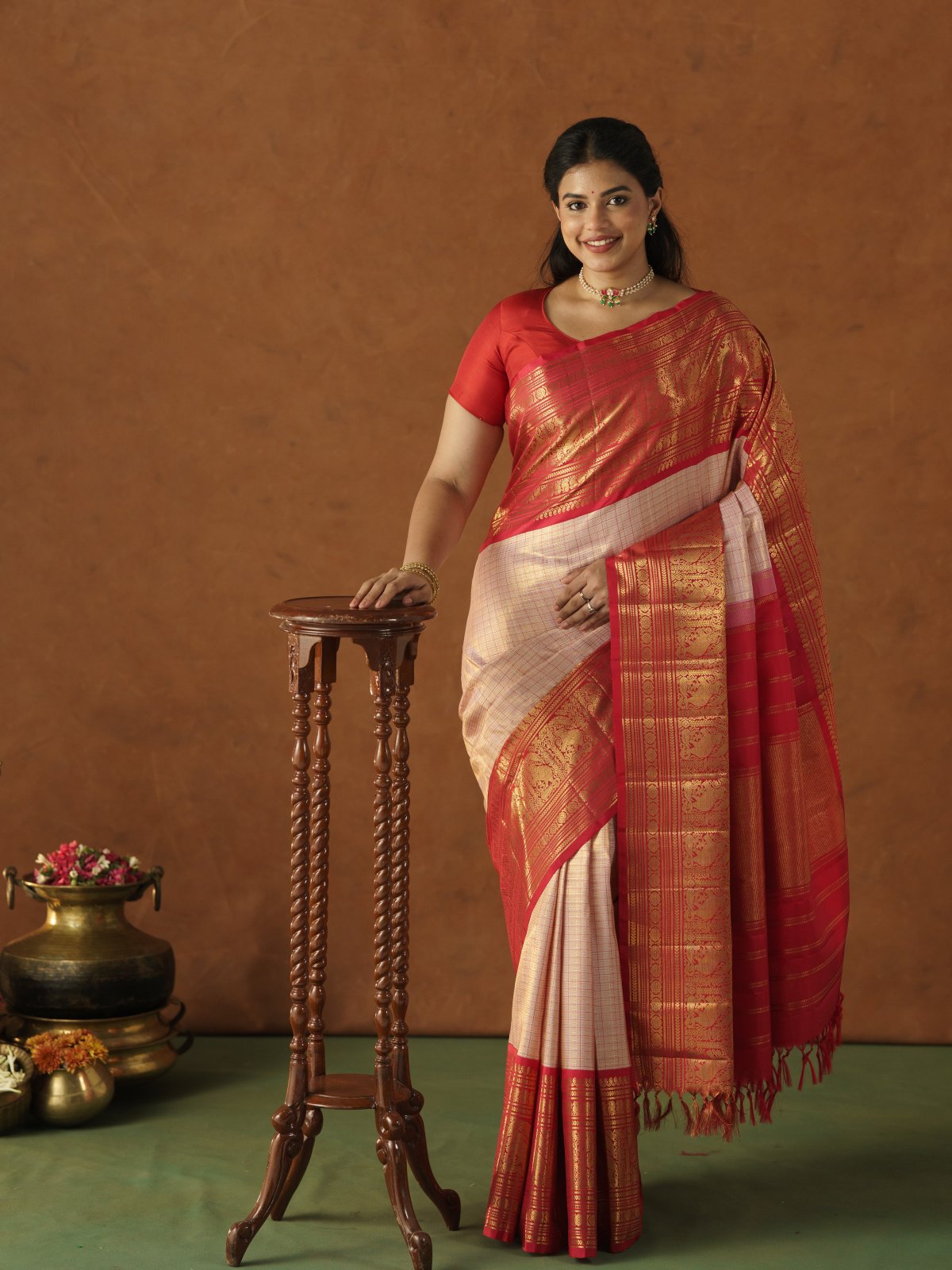 Pastel Pink Checked Kanjeevaram Silk Saree with Red Border