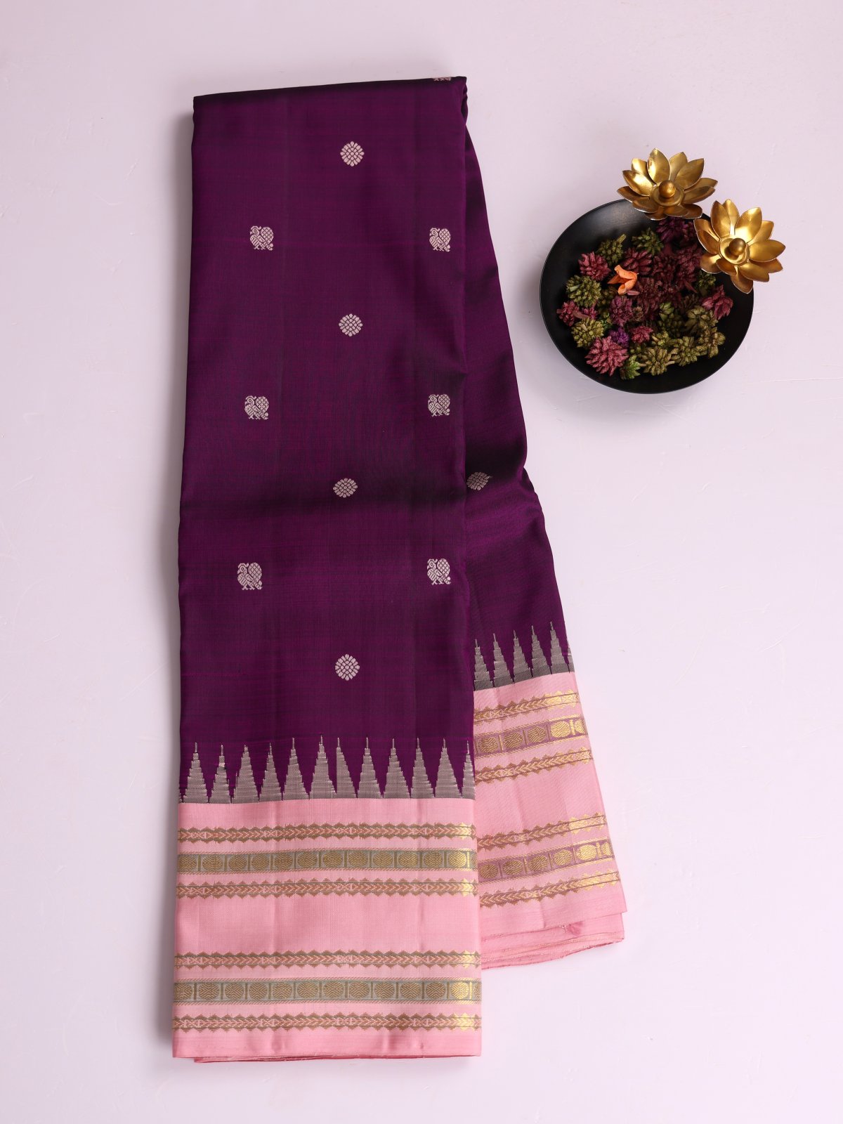 Dark Purple Kanjeevaram Silk Saree With Baby Pink Border