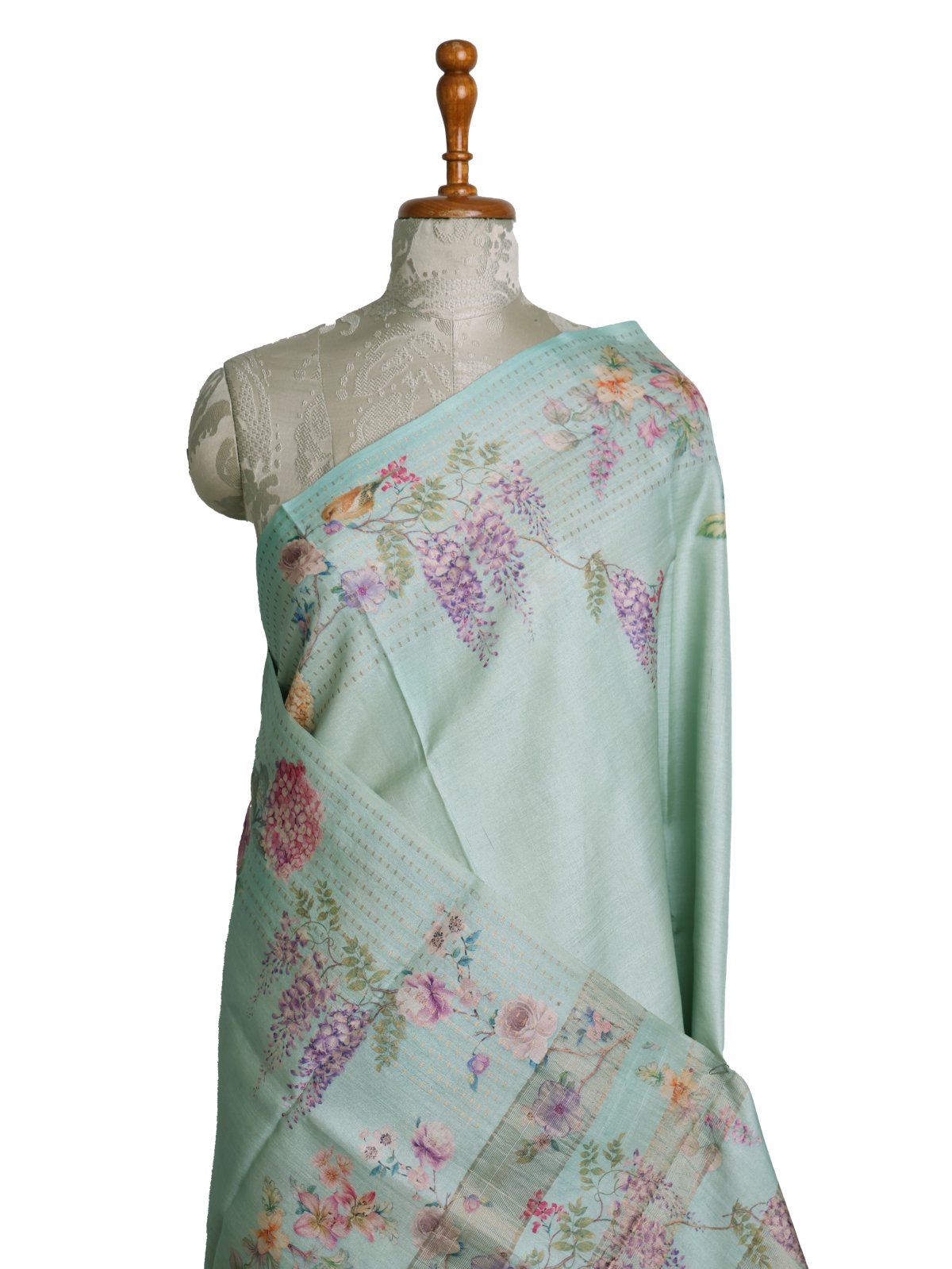 Light Bluish Green Printed Tussar Silk Saree