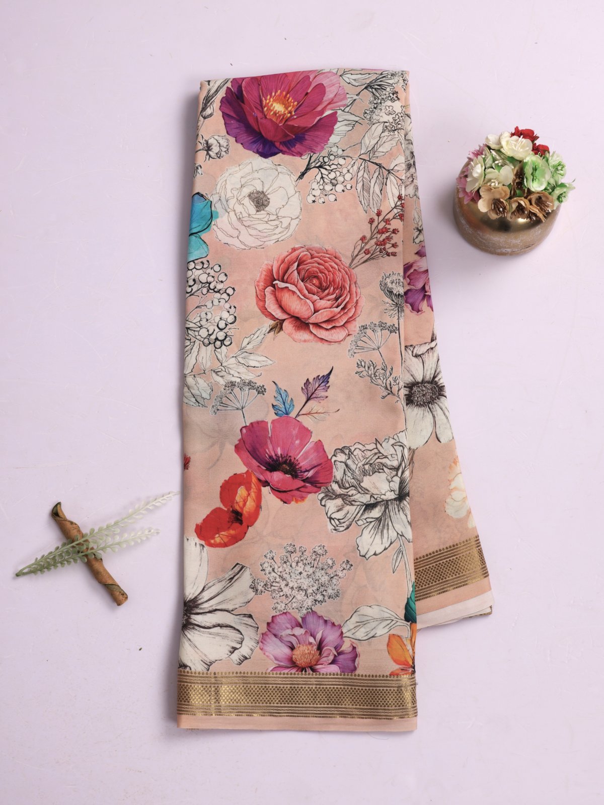 Light Peach Printed Mysore Crepe Silk Saree With Zari Border