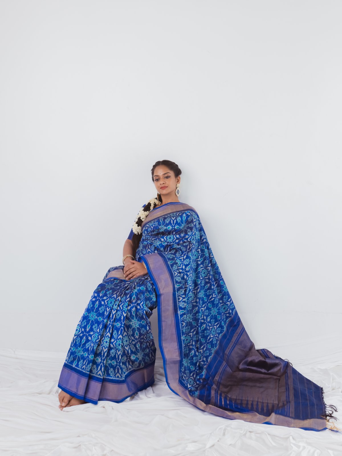 Royal Blue Ikat Silk Saree With Self Border