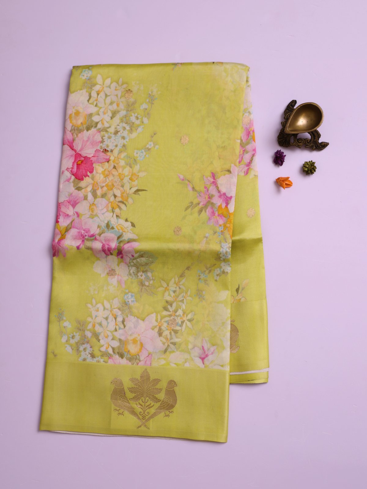 Light Green Printed Mashru Silk Saree with Self Satin Border