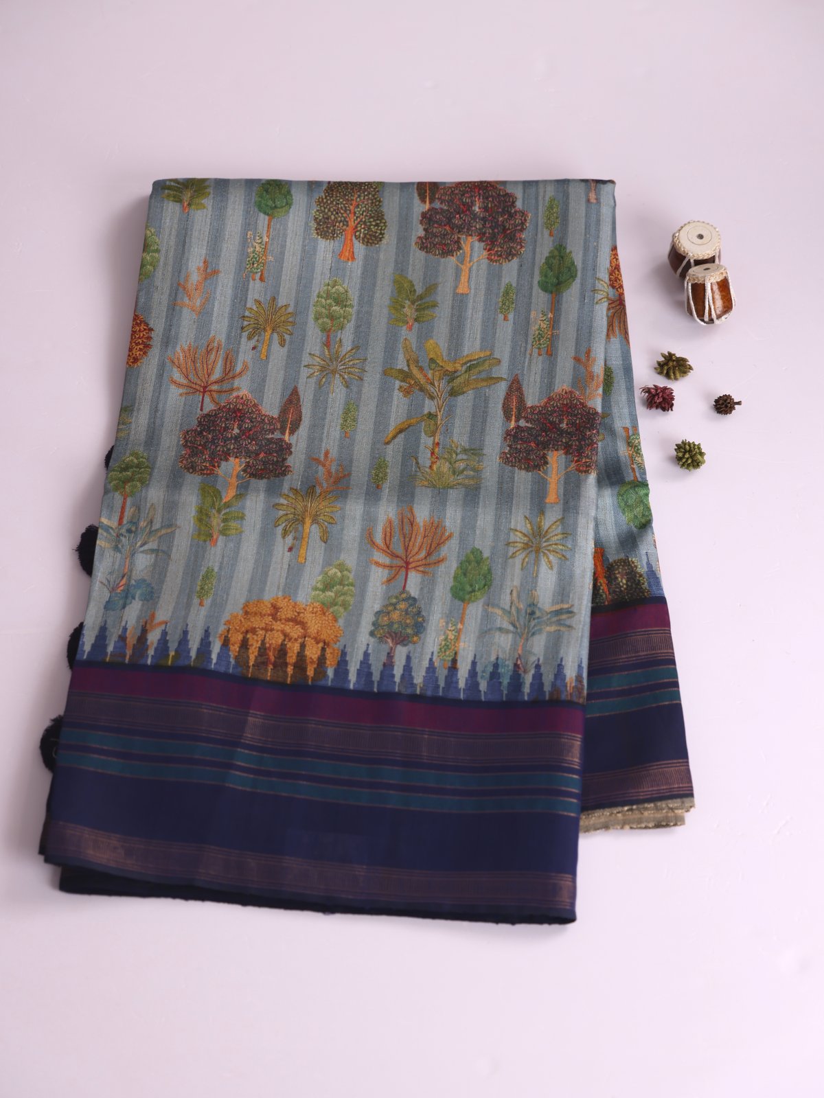 Light Grayish Blue Printed Tussar Silk Saree With Navy Blue Border