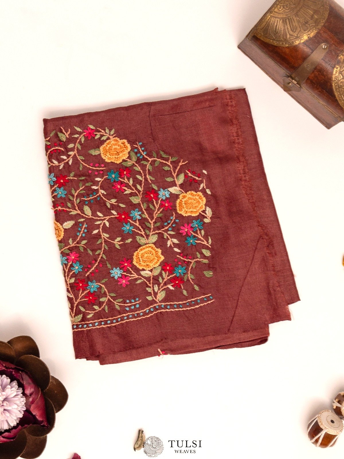 Dark Brown Tussar Blouse With Floral Embroidery