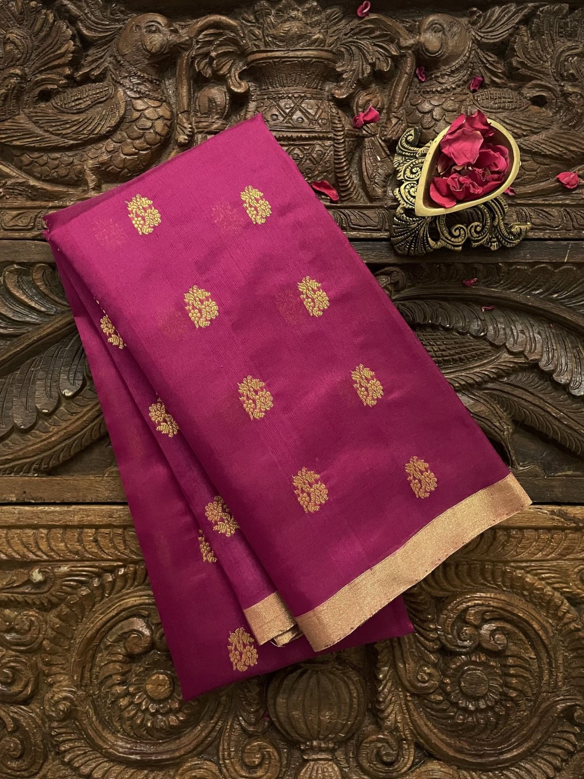 Bright Pink Chanderi Silk Blouse With Gold Zari Floral Motifs