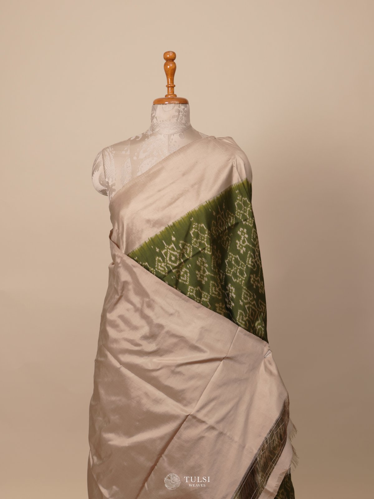 Green Ikat Silk Saree With Light Beige Border