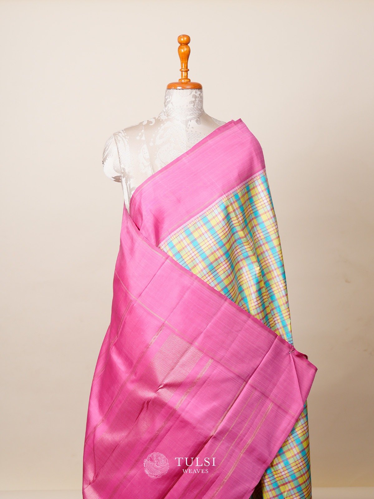 Multi Color Checked Kanjeevaram Silk Saree