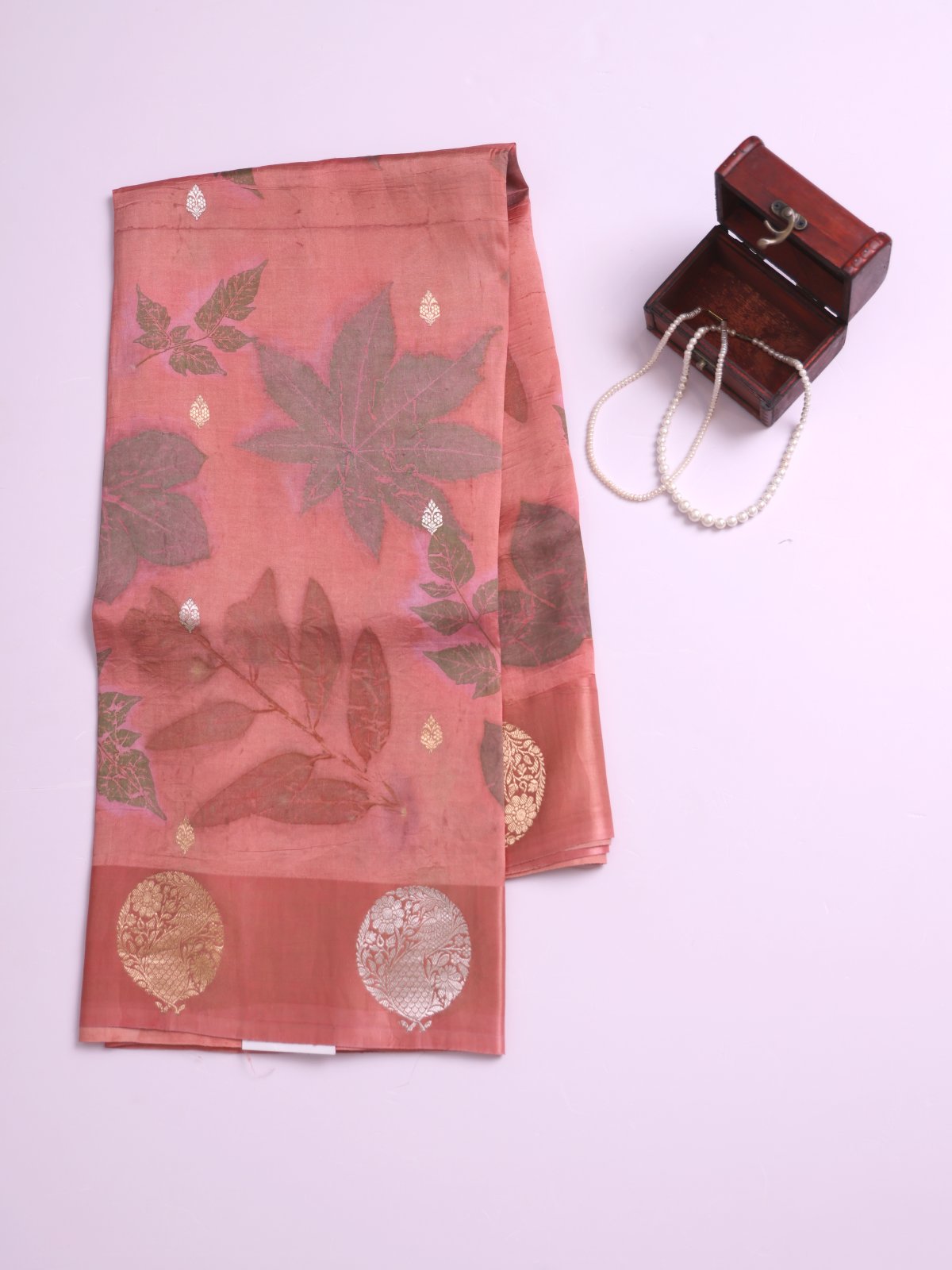 Peach Orange Eco Print Tussar Silk Saree with Self Satin Border