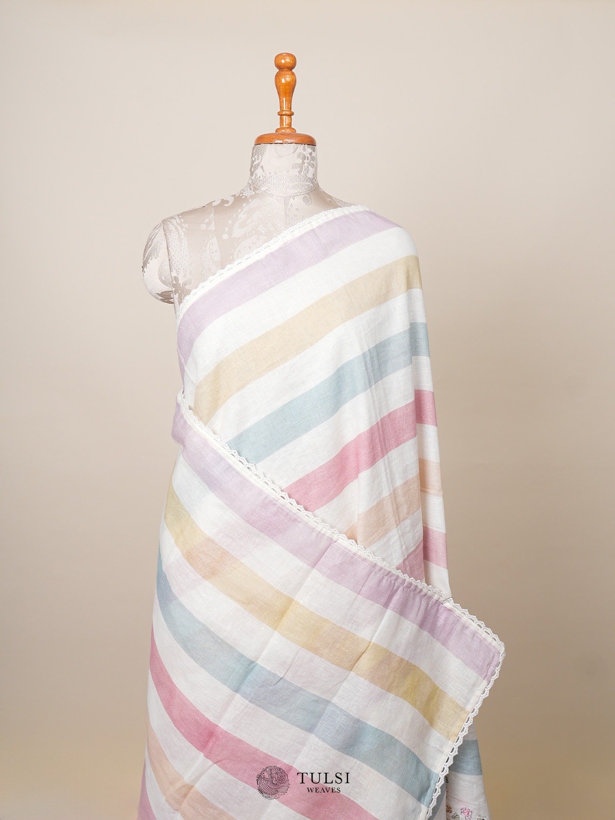 Multi Colour Stripes Linen Silk Saree with Embroidery Border