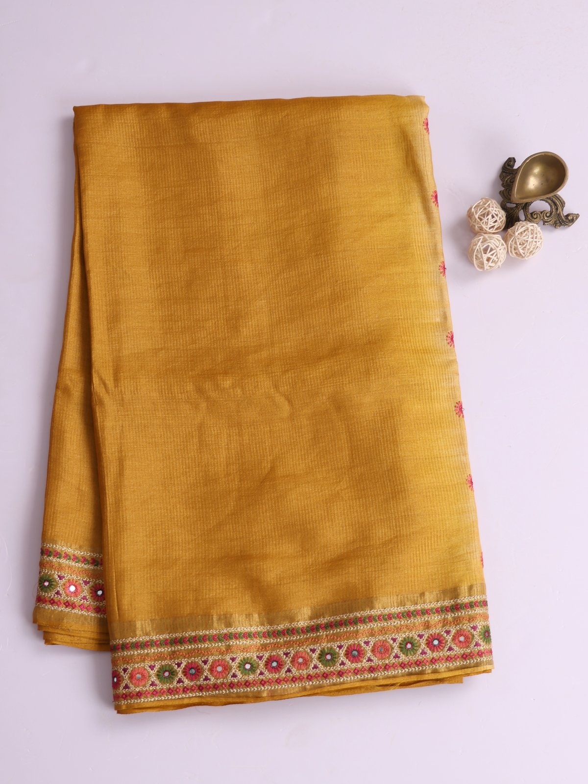Mustard Yellow Zari Striped Tussar Silk Saree With Embroidered Border