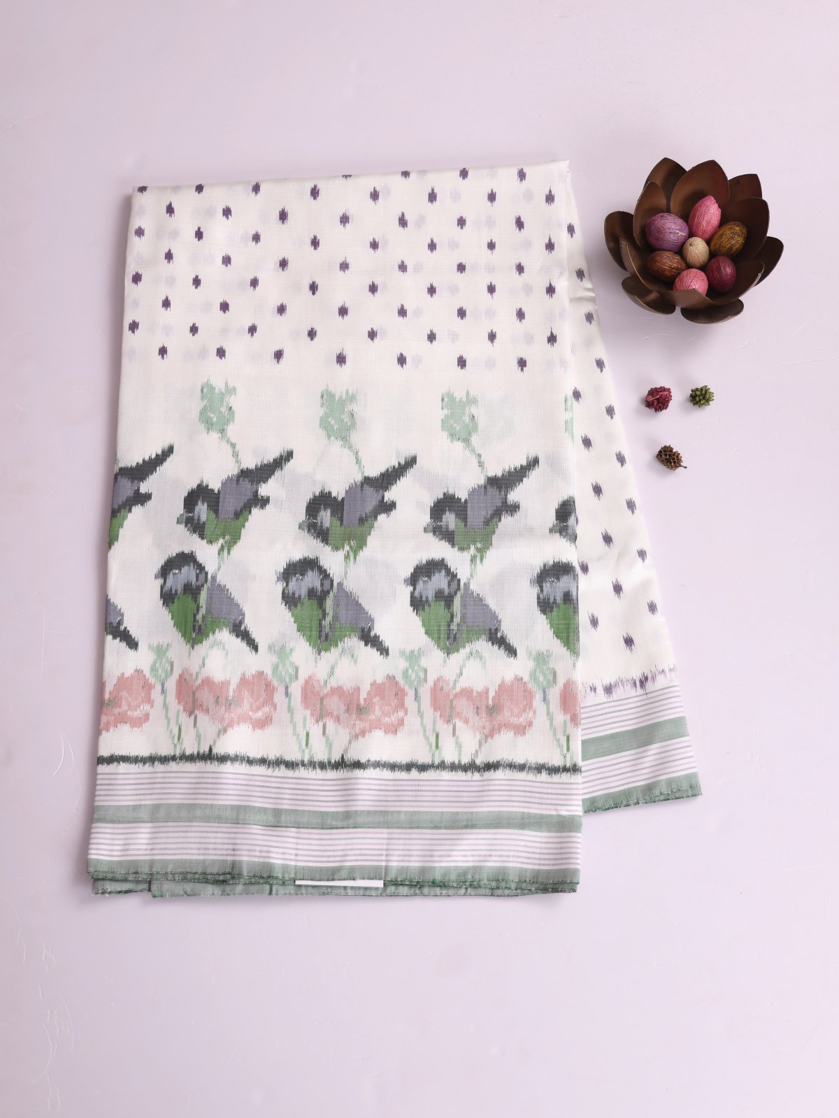 White Patola Silk Saree With Striped Border