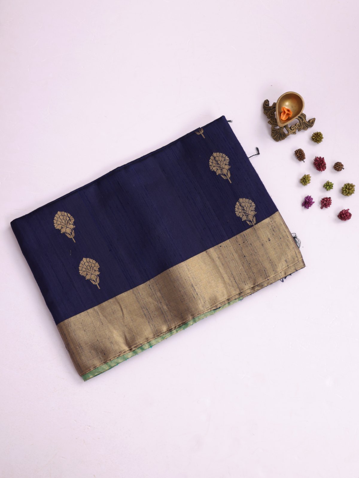 Navy Blue Raw Silk Saree with Zari Border