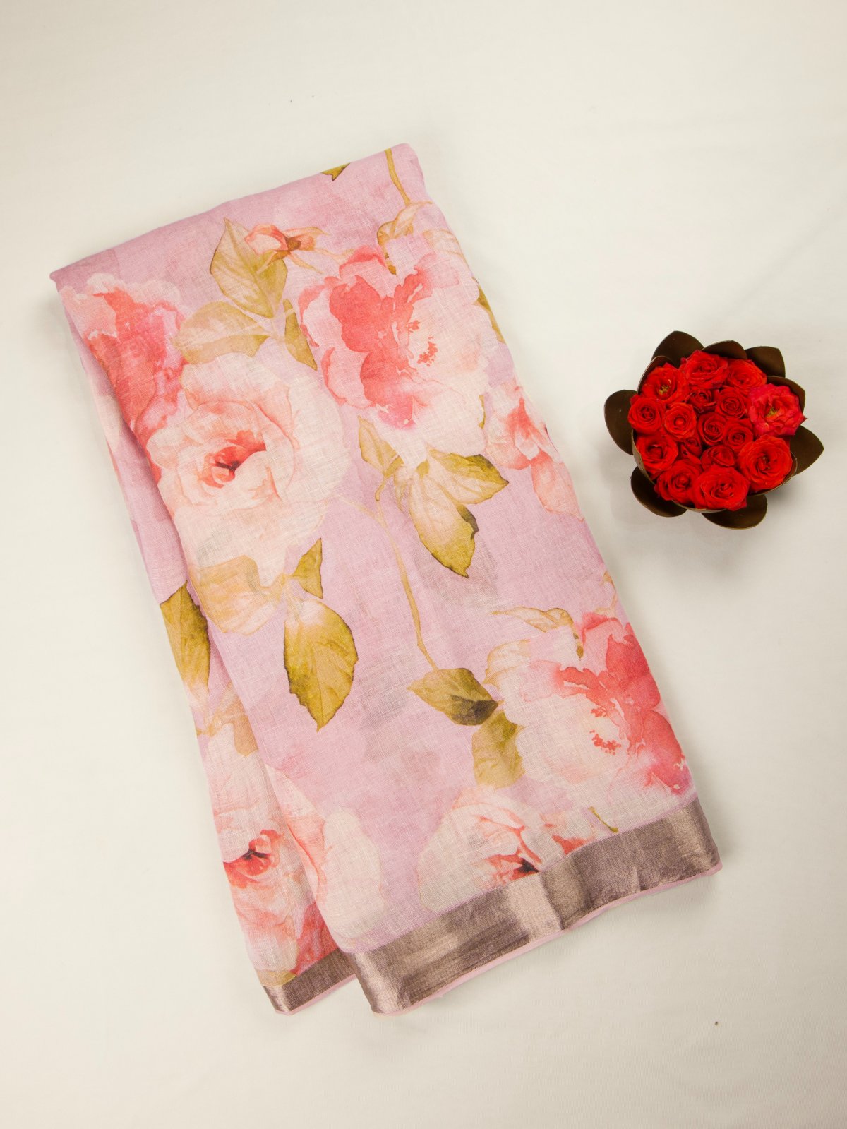 Light Lavender Linen Saree with Floral Prints