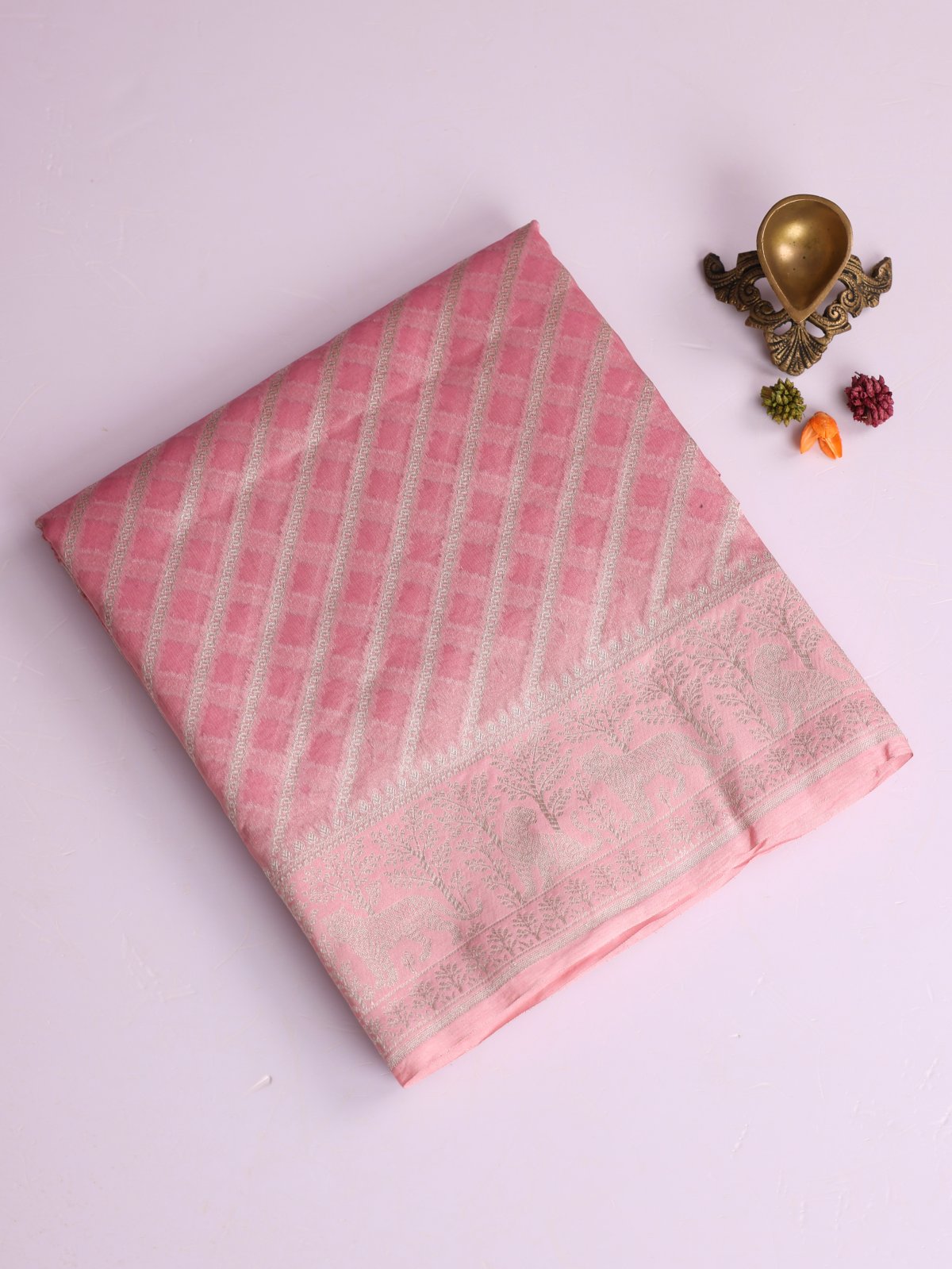 Peachy Pink Zari Striped Tissue Organza Silk Saree
