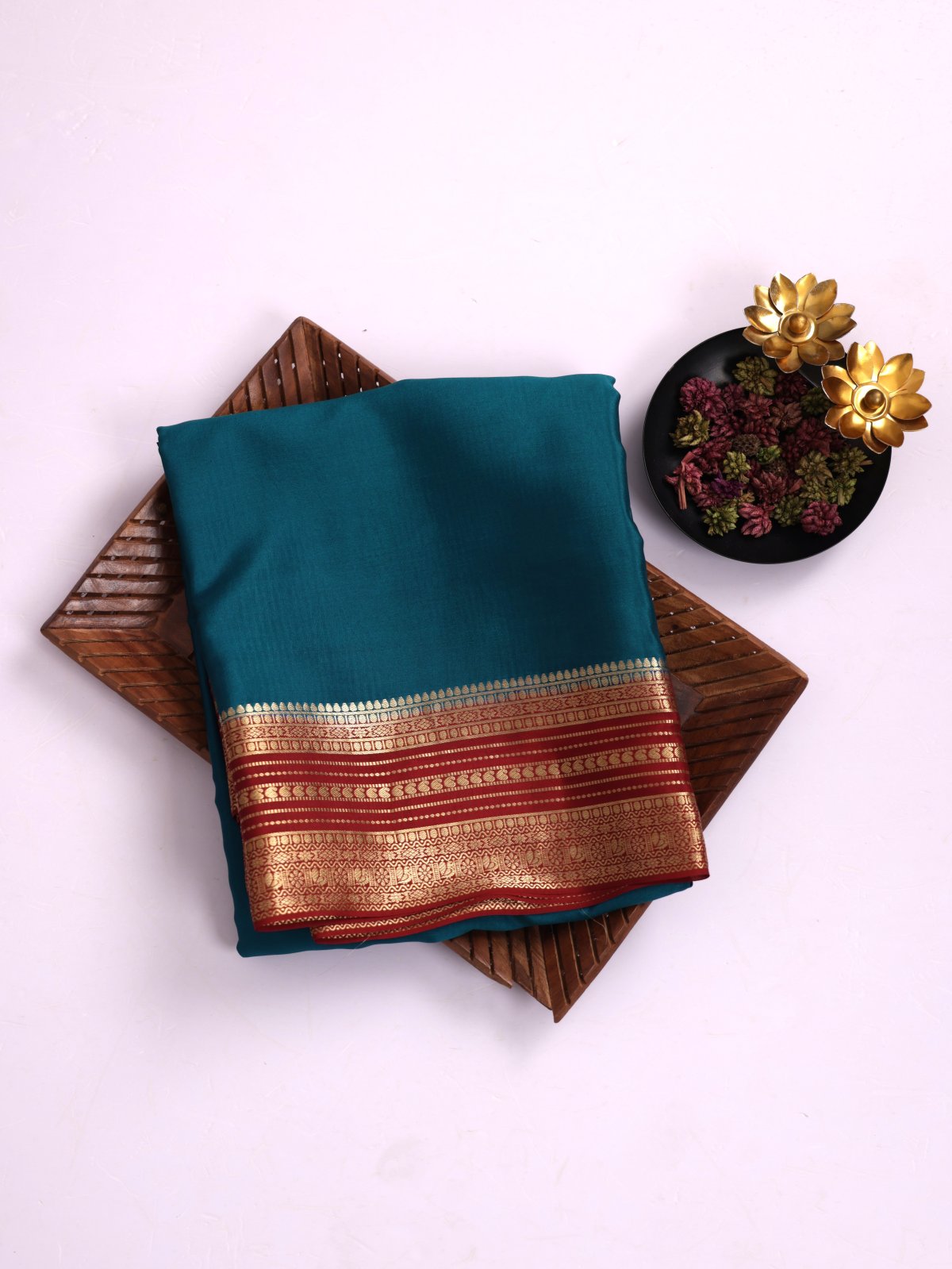 Peacock Blue Mysore Crepe Silk Saree With Maroon Zari Border 