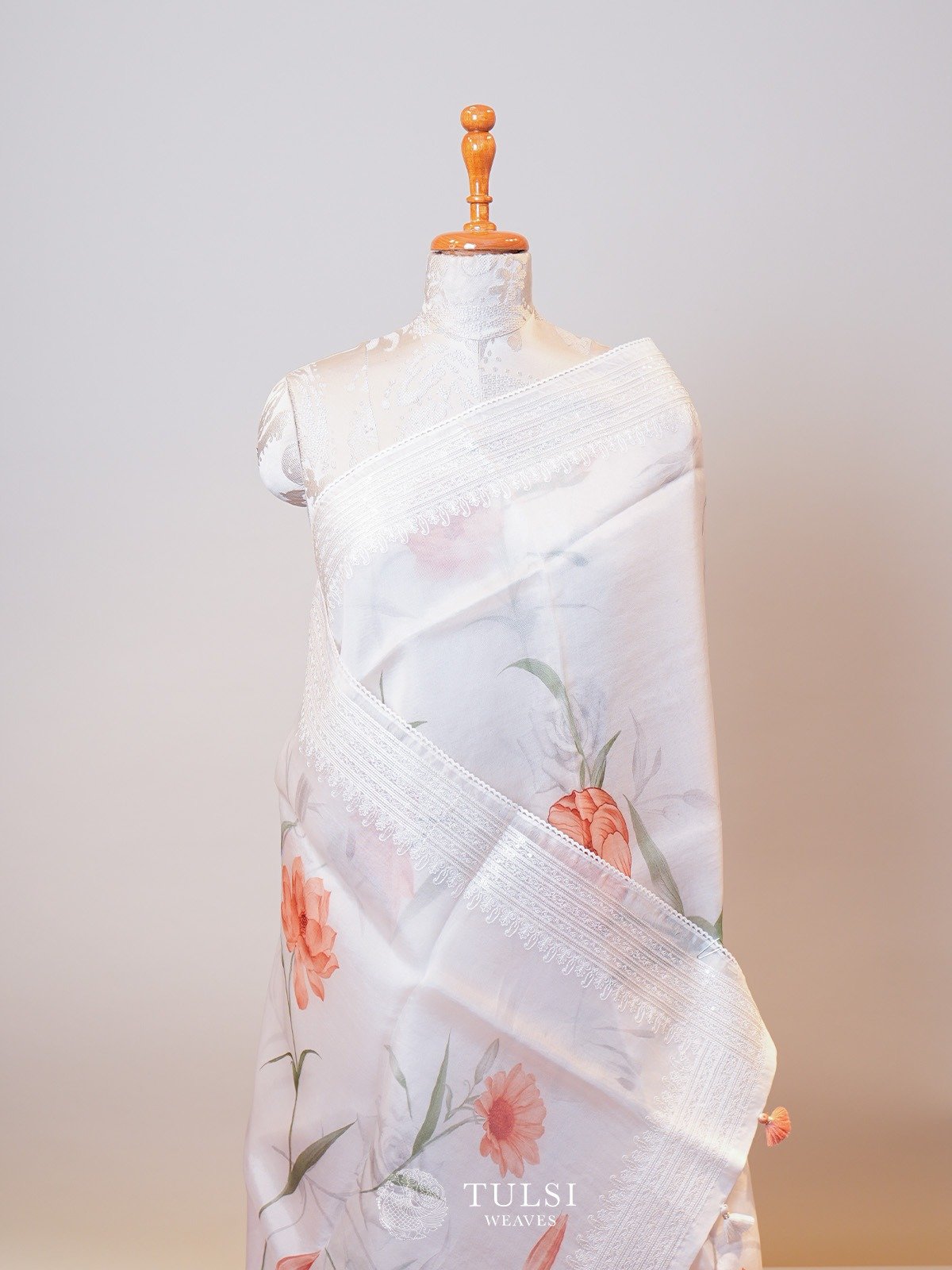 Off-White Organza Saree With Floral Prints 