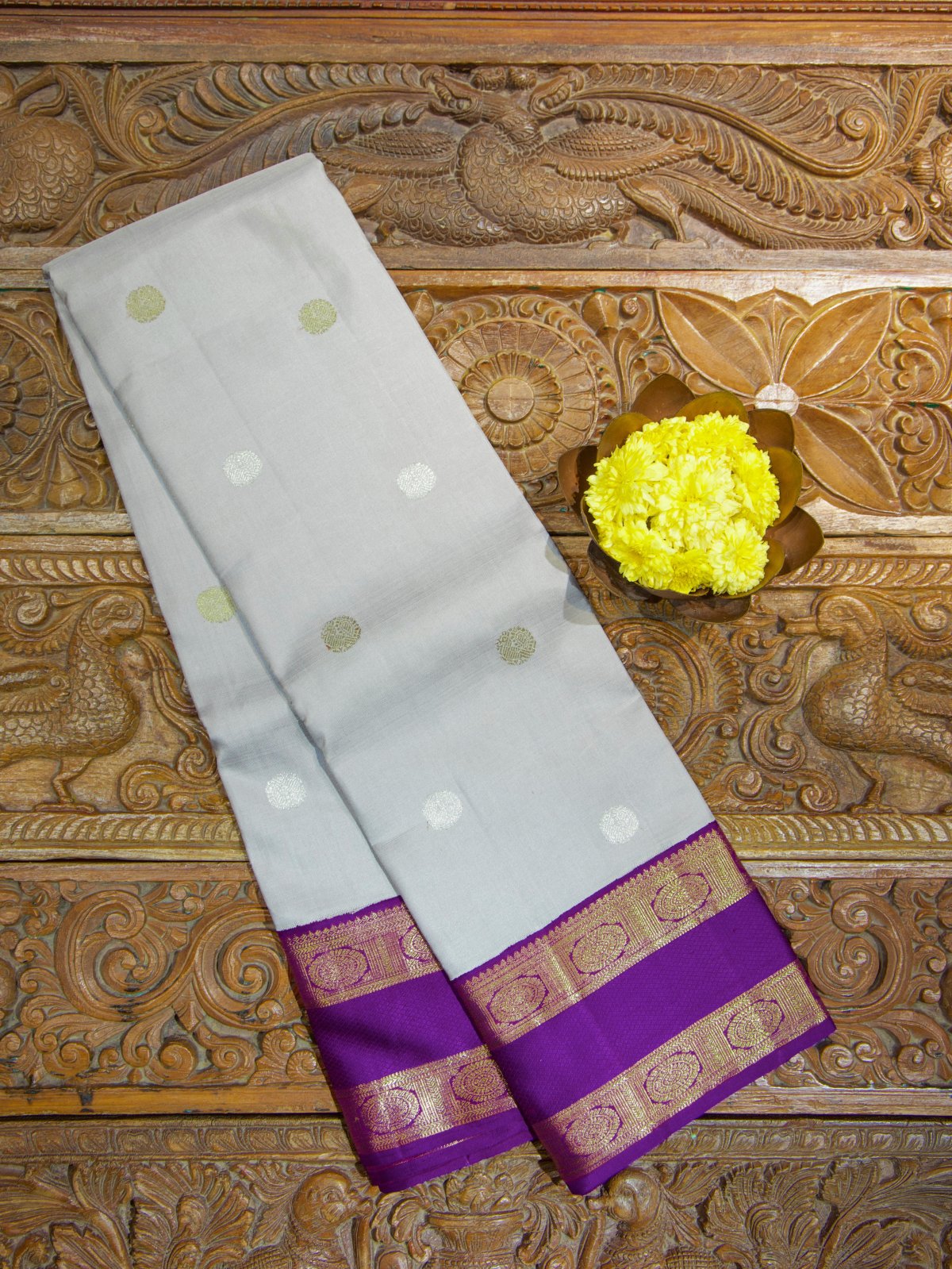 Grey Kanjeevaram Silk Saree With Purple Zari Border