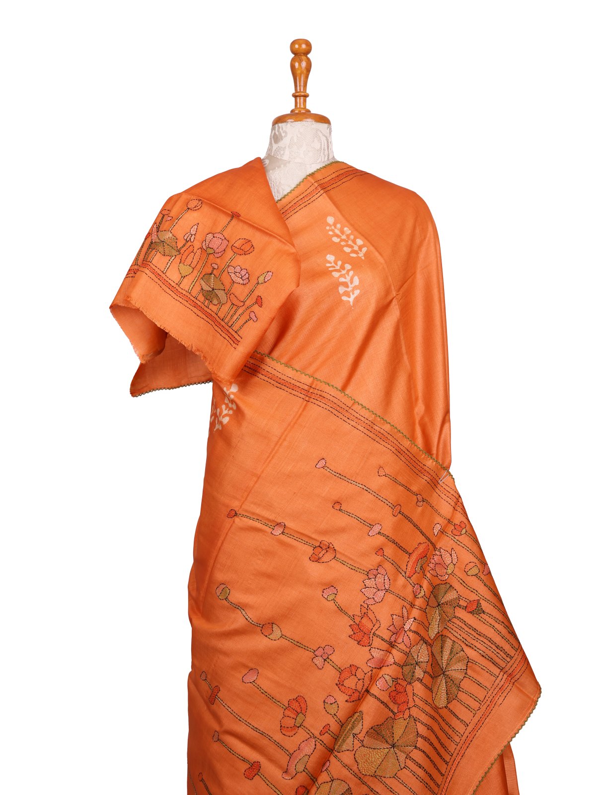 Orange Printed Tussar Silk Saree With Kantha Embroidery