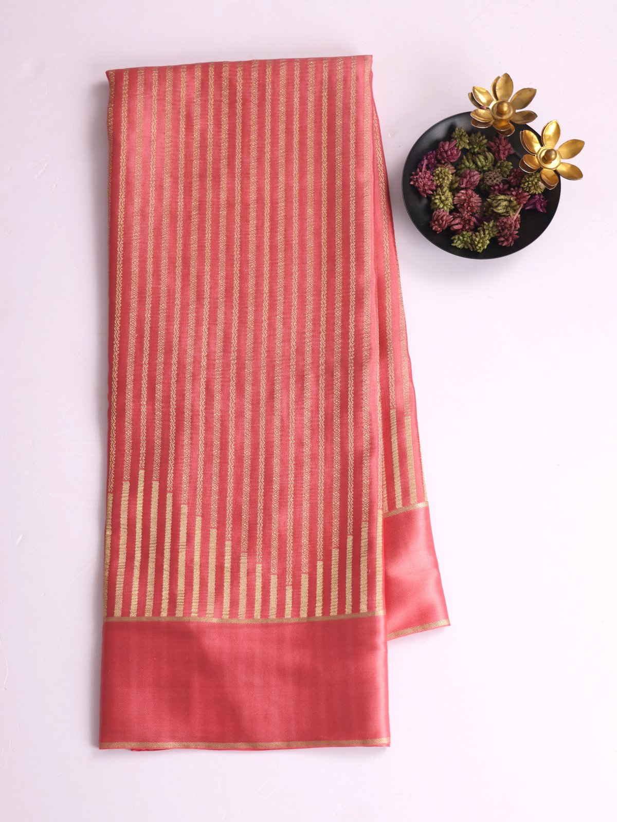 Peach Zari Striped Mysore Silk Saree With Satin Border 