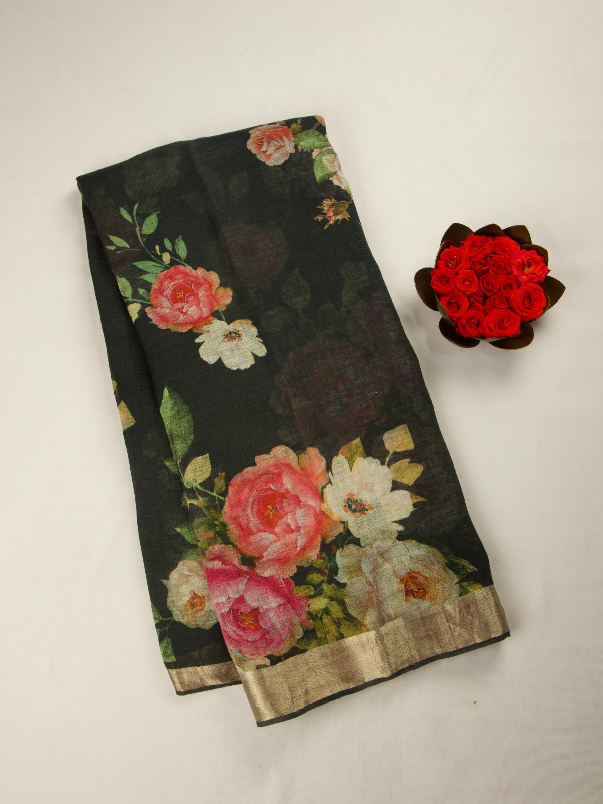 Black Floral Prints Linen Saree