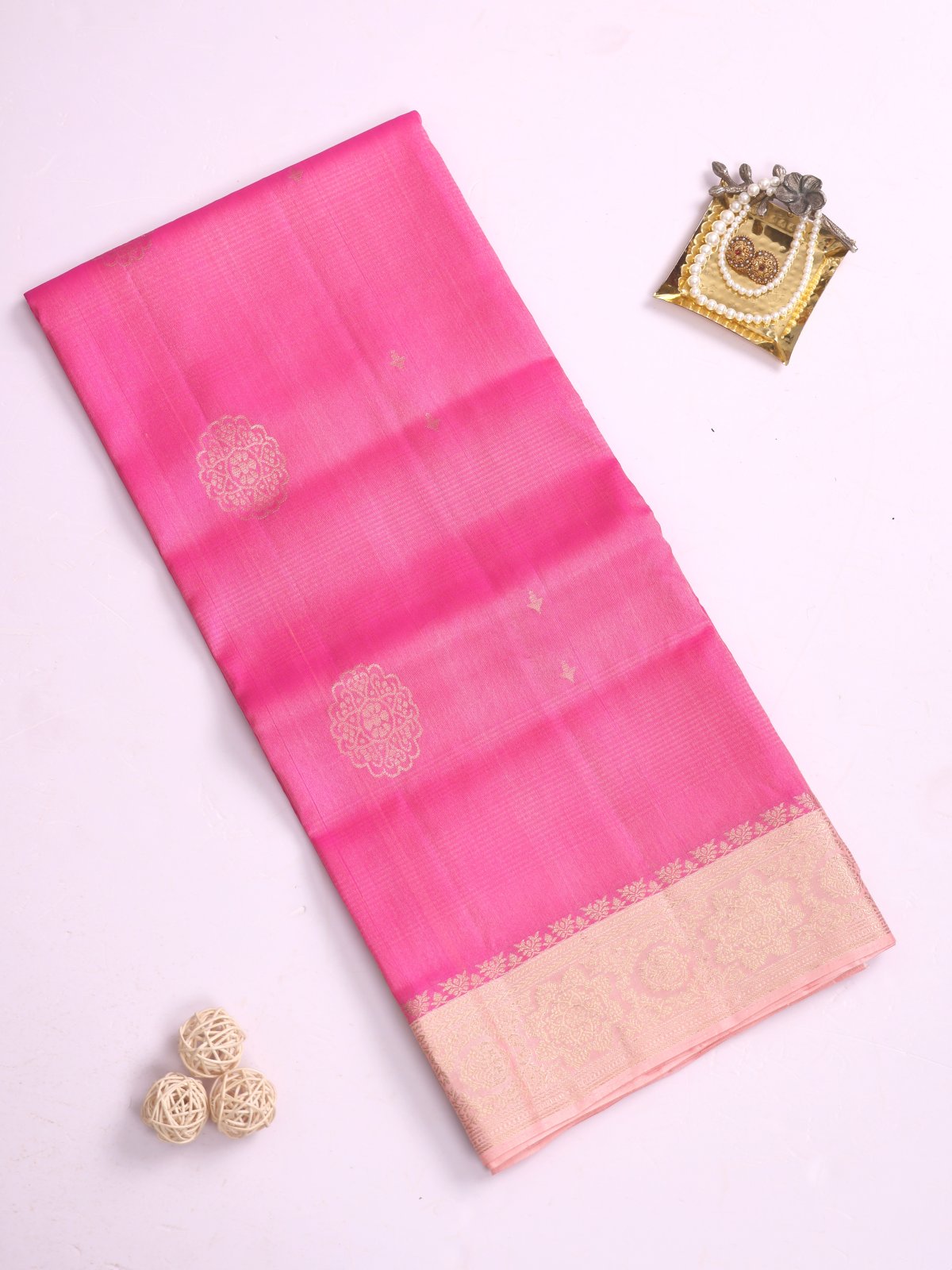 Pink Soft Silk Tussar Saree With Light Pink Zari Border