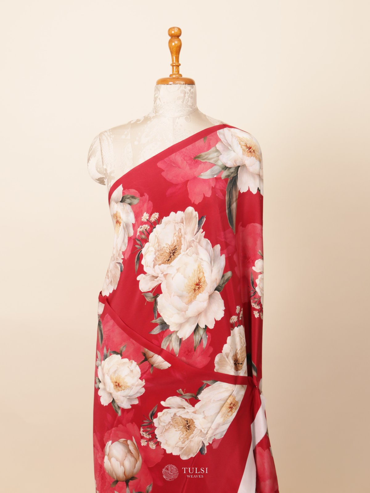 Red Floral Printed Crepe Silk Saree