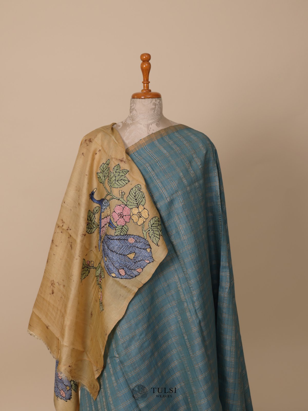Blue Tussar Silk Saree with Kantha Embroidery