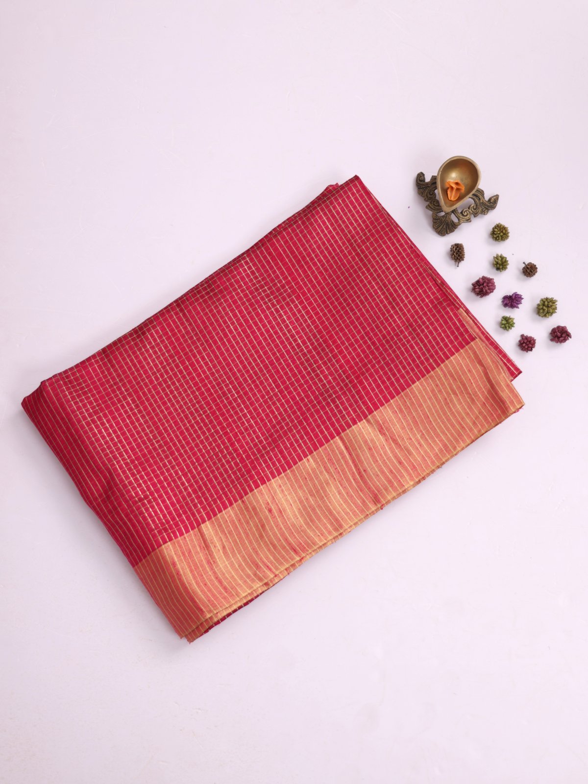 Kumkum Araku Zari Checked Raw Silk Saree with Zari Border