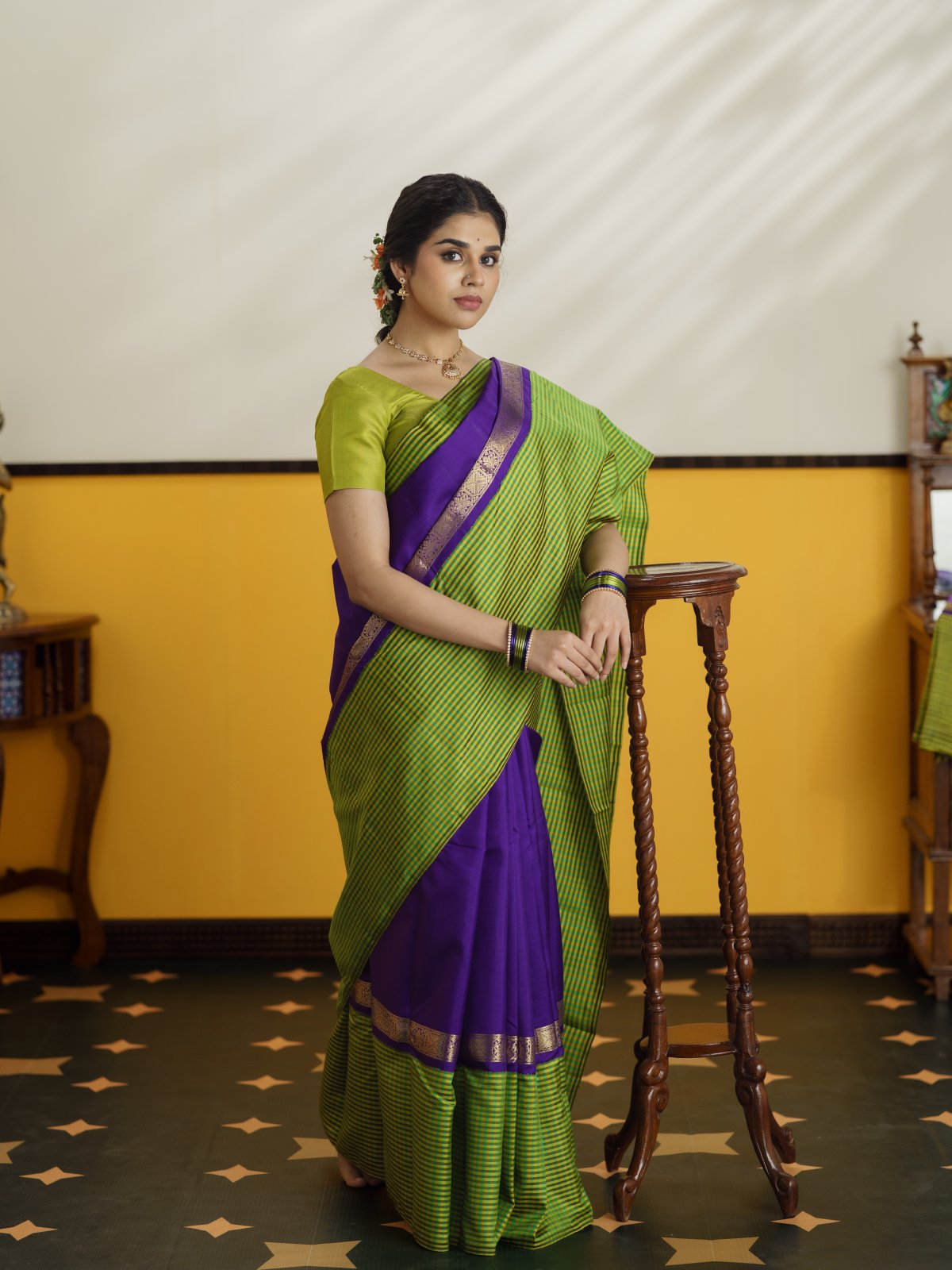 Vintage 72 - Violet Kanjeevaram Silk Saree With Tri Color Checked Border