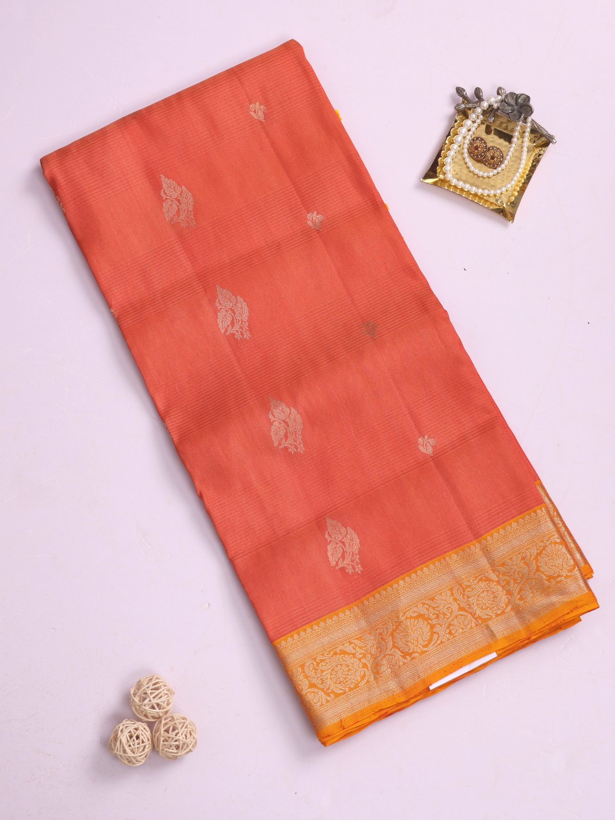 Orange Soft Silk Tussar Saree With Orangish Yellow Zari Border