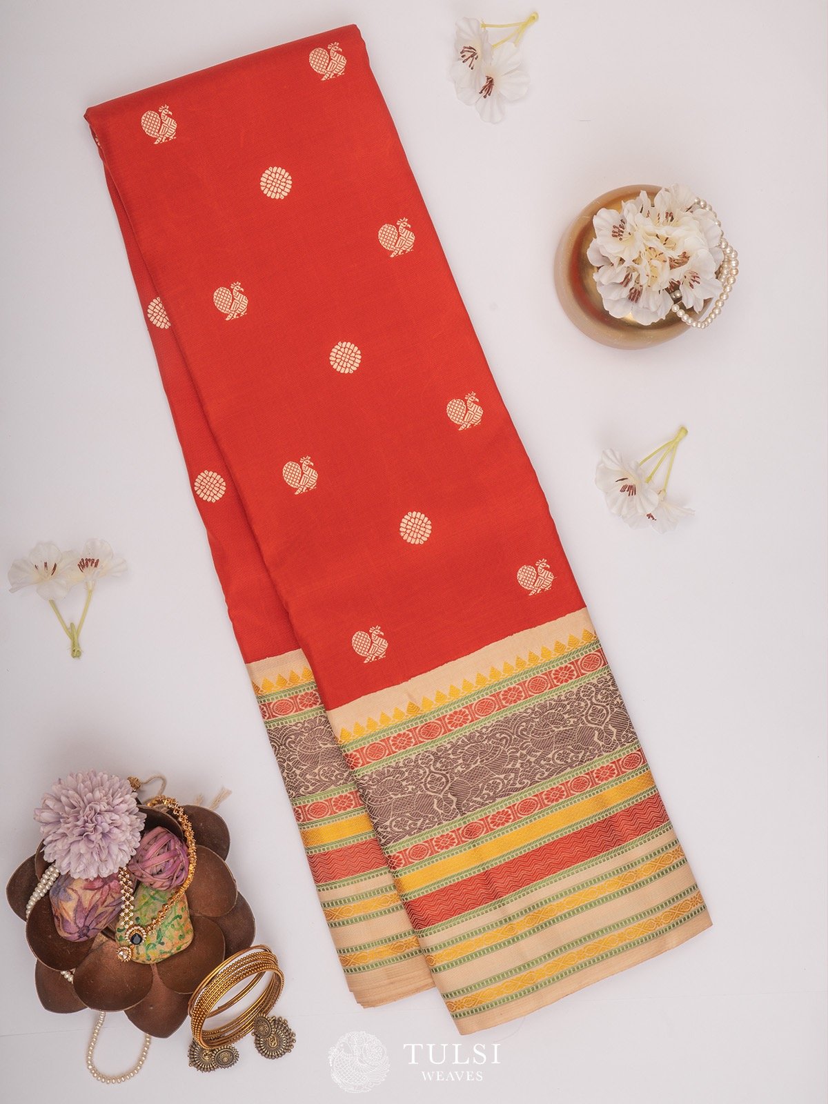 Rust Kanjeevaram Pattu Pett Silk Saree