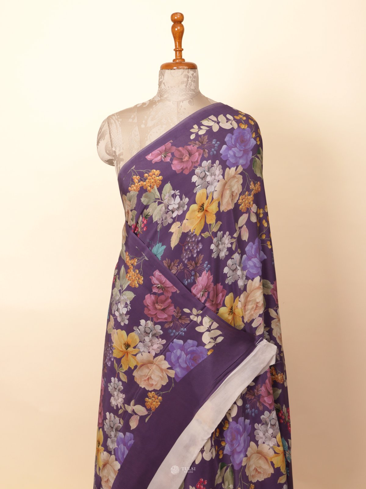 Violet Floral Printed Crepe Silk Saree