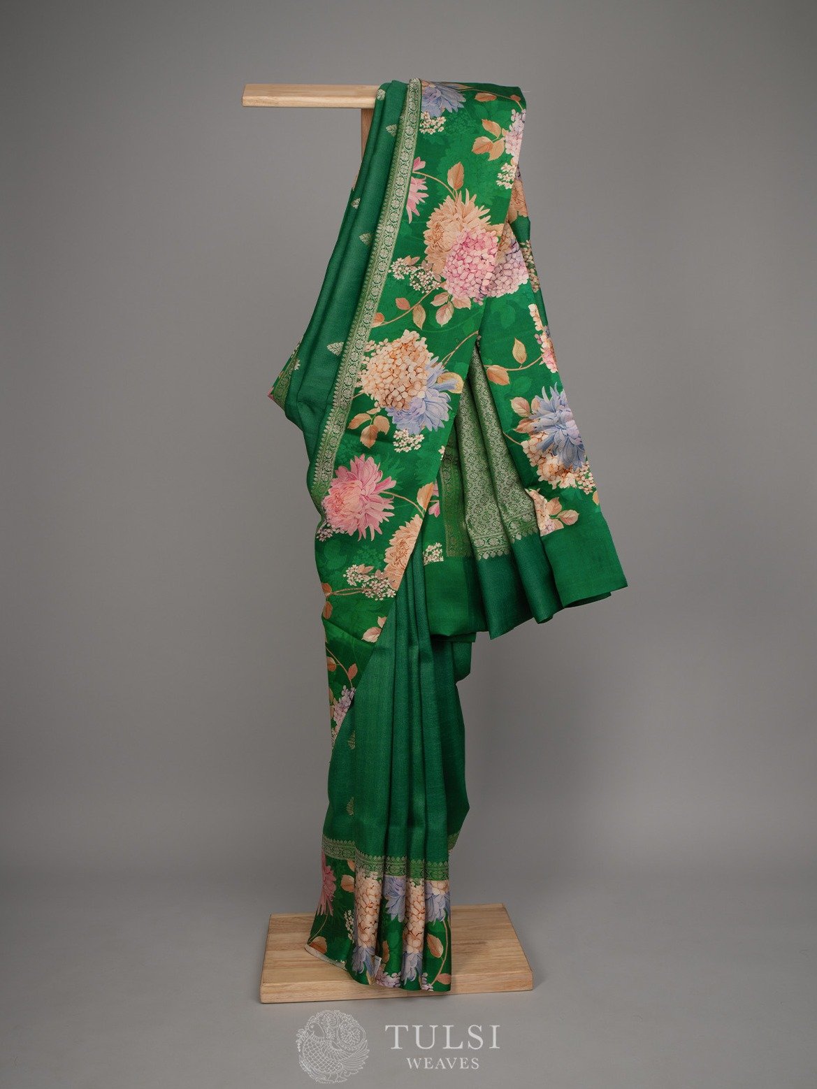 Green Tussar Silk Saree With Floral Prints