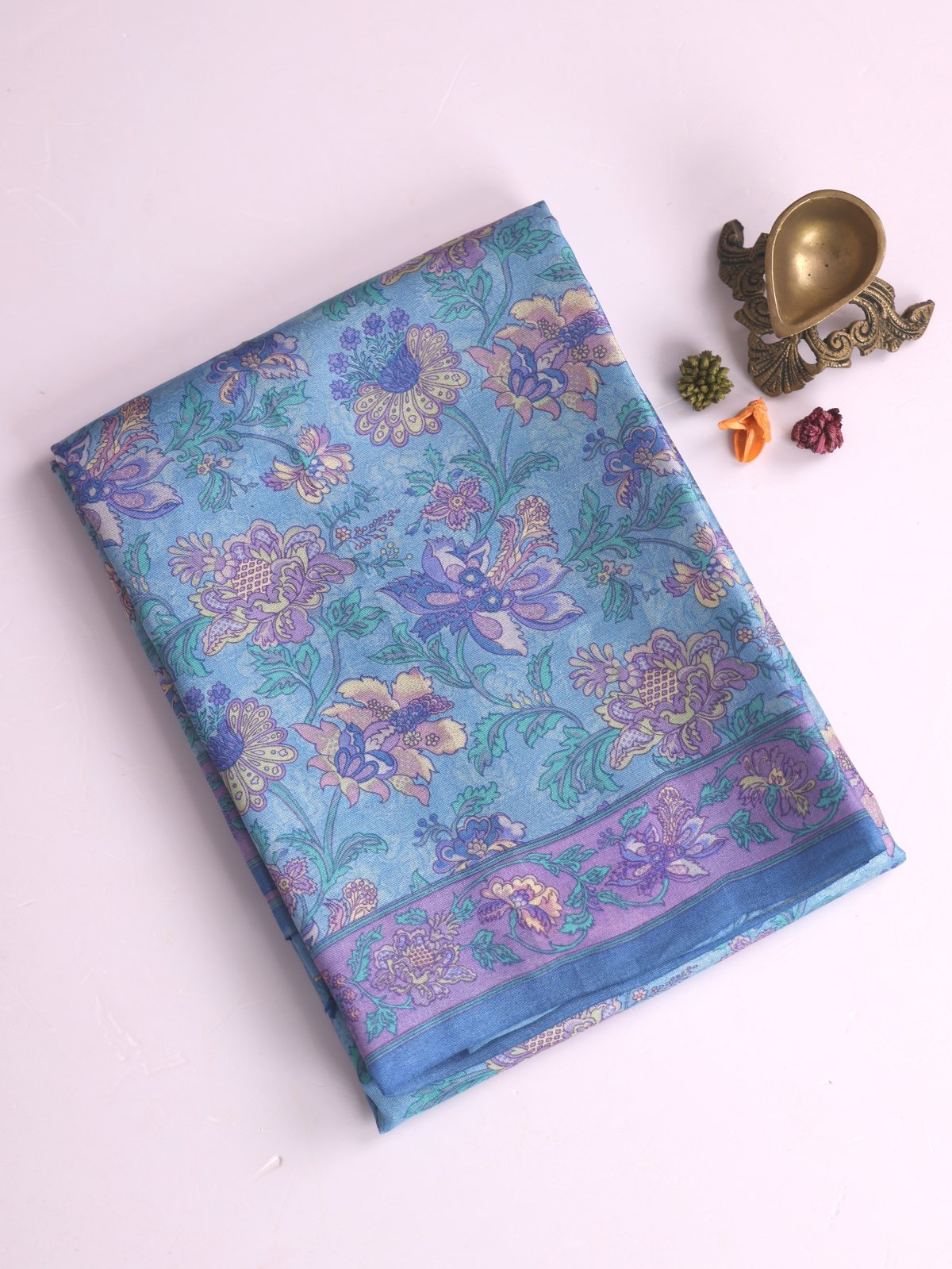 Light Blue Printed Tussar Silk Saree With Lavender Border