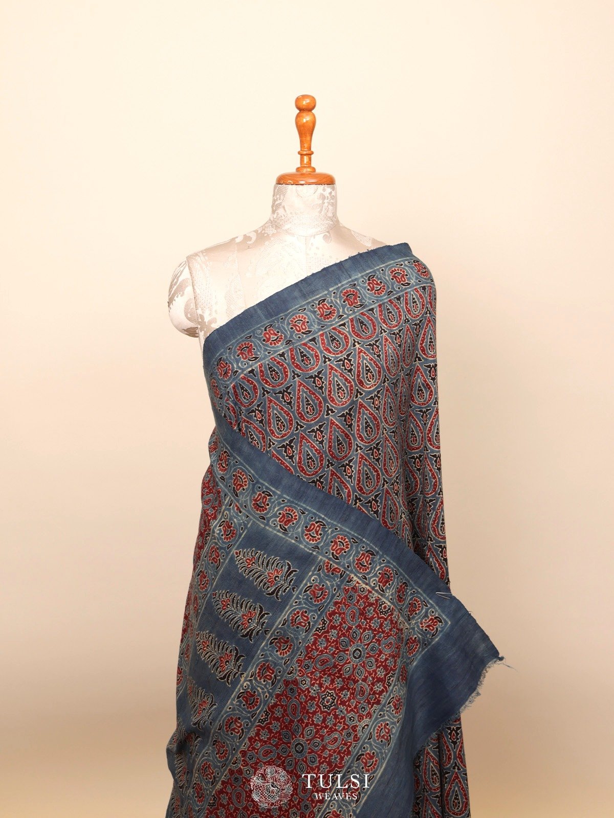 Cadet Blue Tussar Ajrakh silk saree