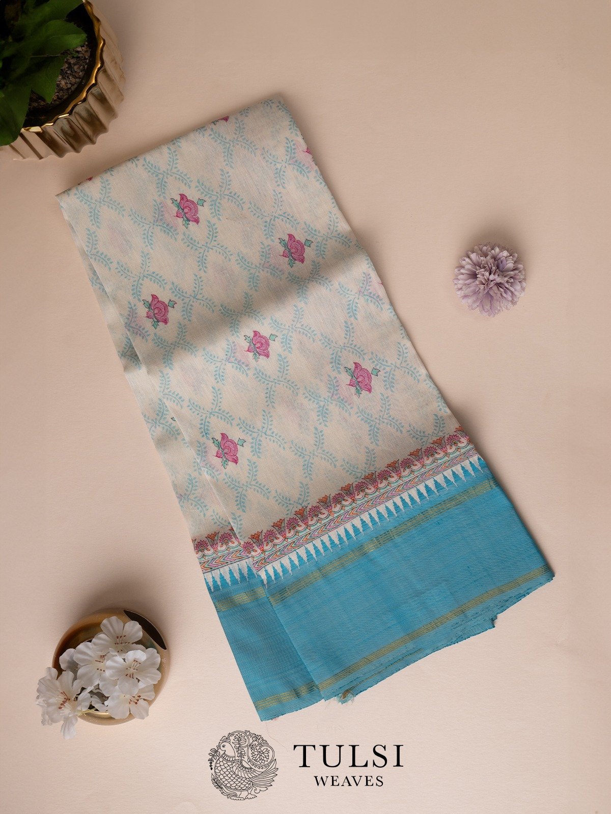 White Silk Dupatta with Hand Block Print